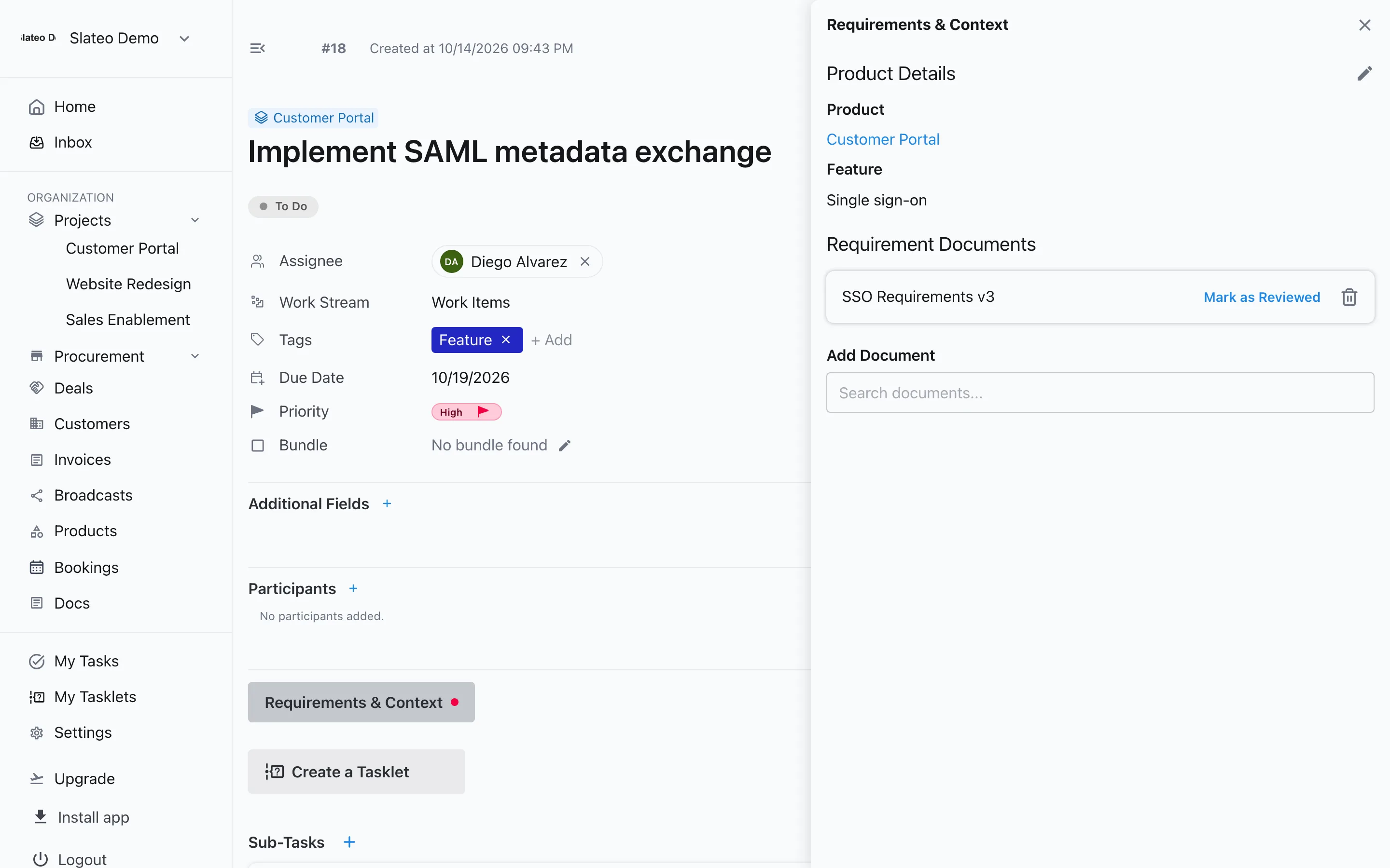 A Slateo task with a linked requirement document, SSO Requirements v3, and a Mark as Reviewed button.