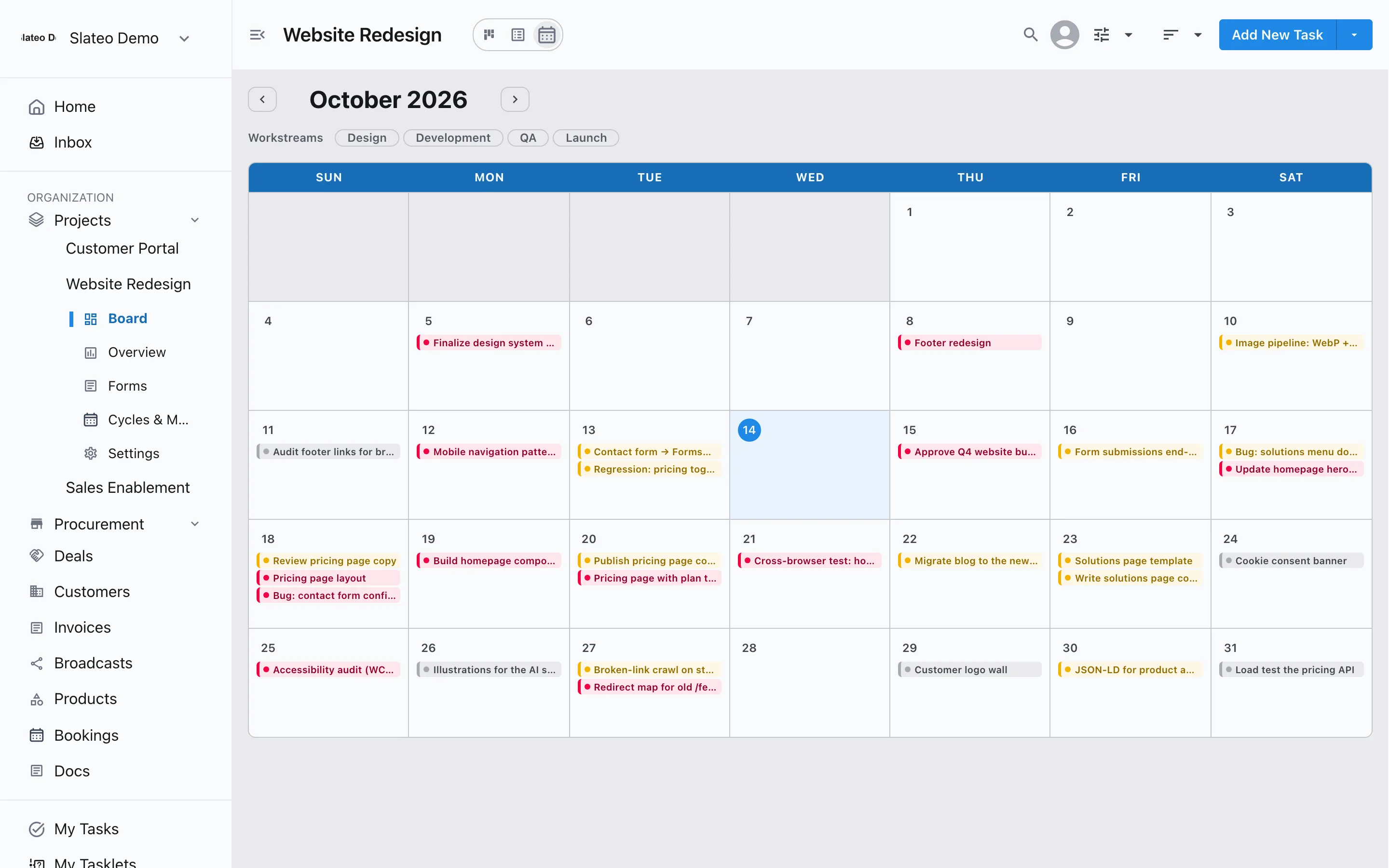Calendar view showing Website Redesign tasks spread across the month by due date.