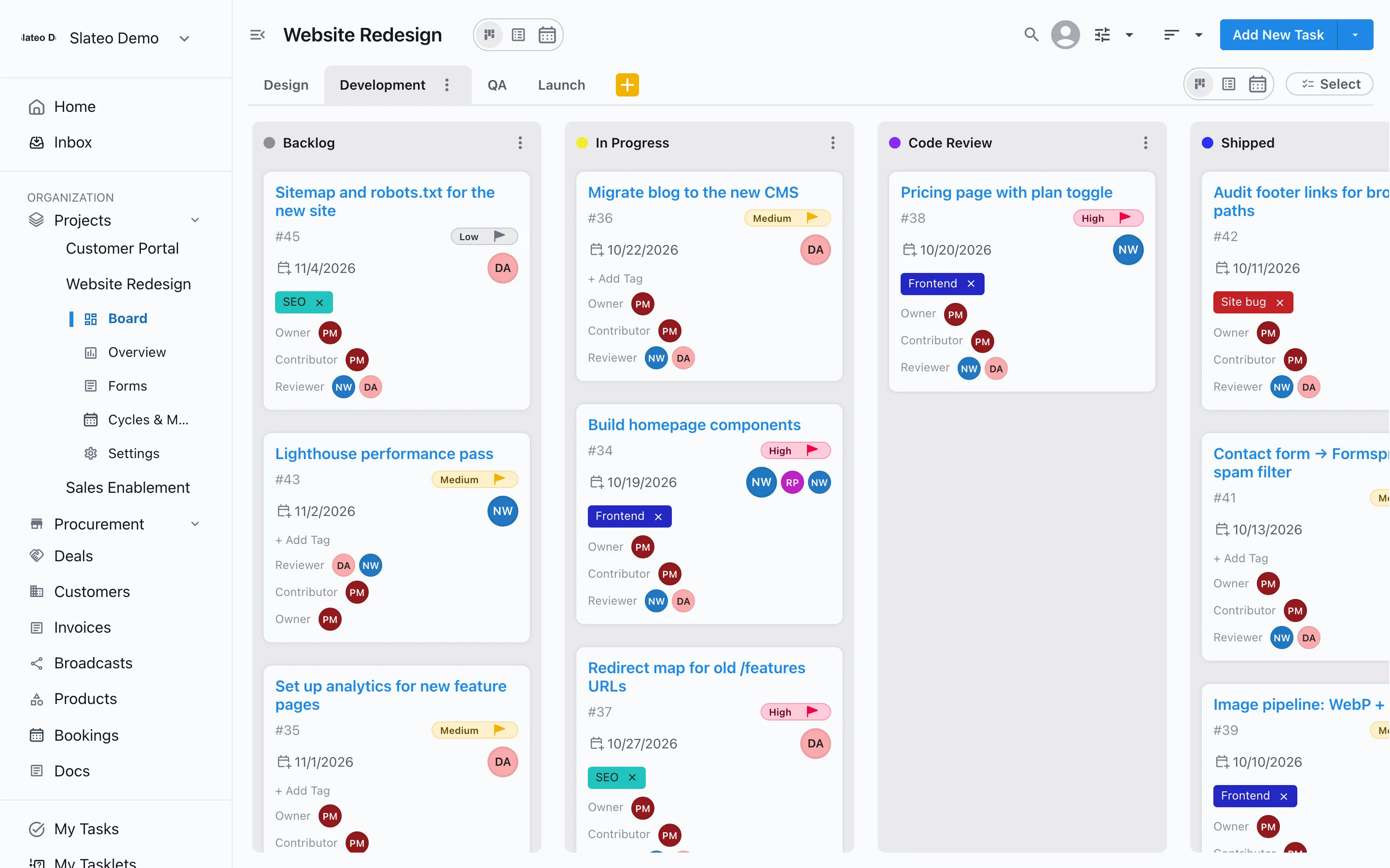 A Slateo project board with tasks in Backlog, In Progress, Code Review and Shipped columns.
