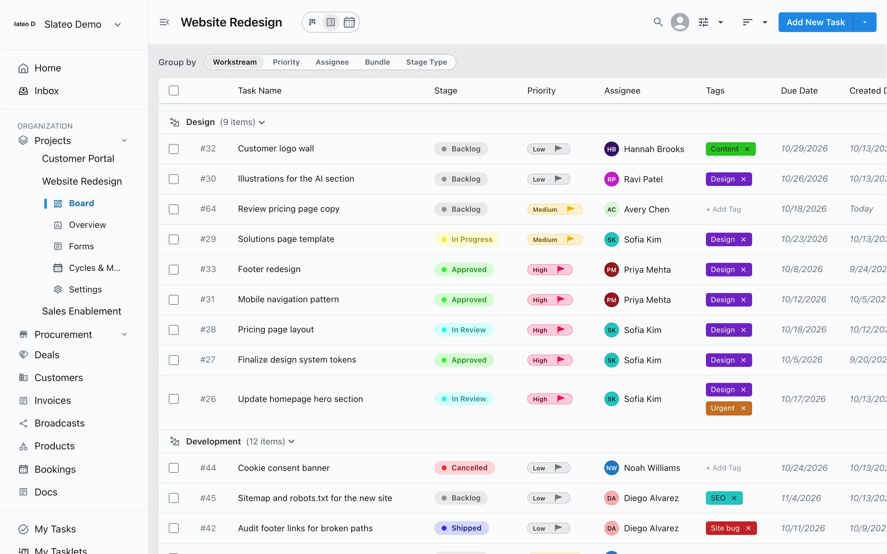 List view of a Slateo project grouped by the Design, Development, QA and Launch workstreams.