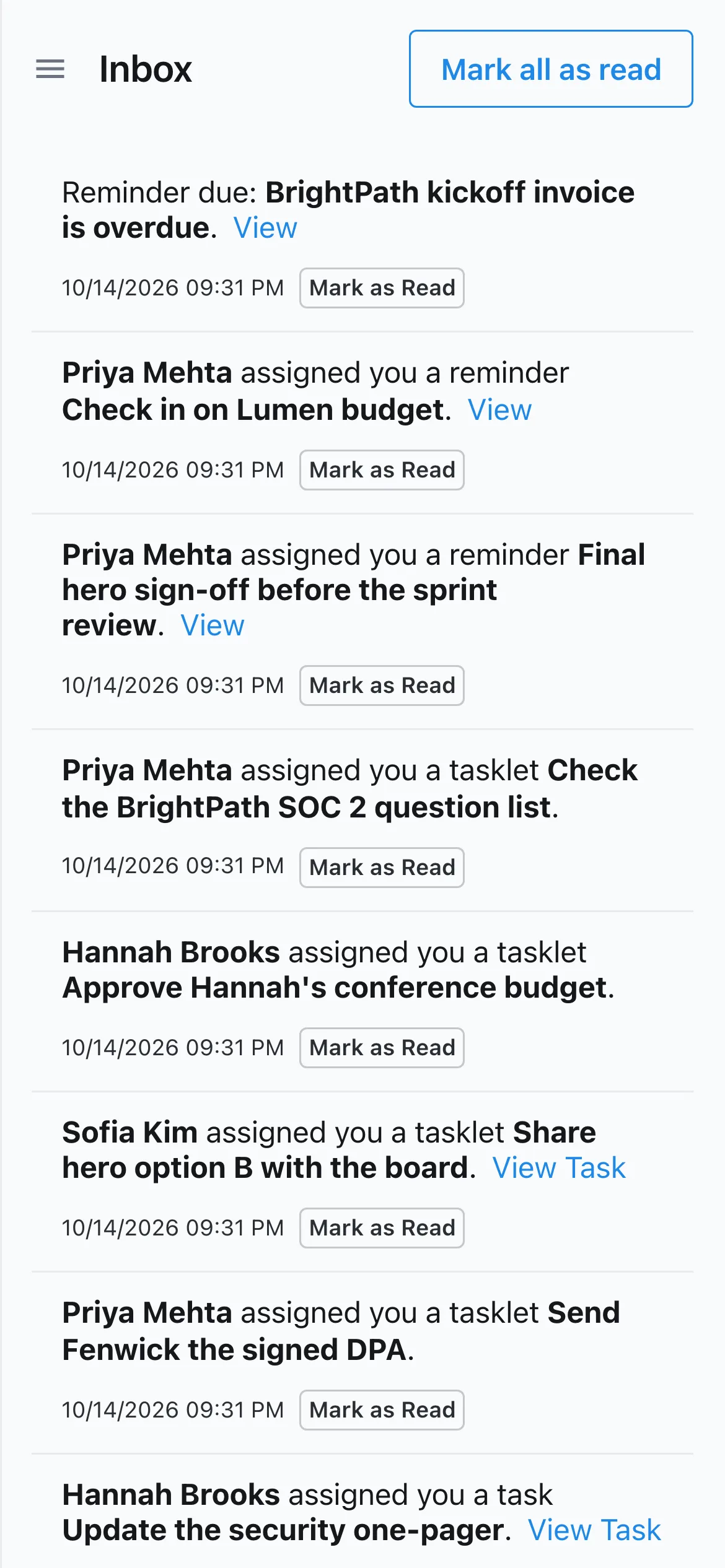 The Slateo inbox on a phone: reminders, assigned tasklets and tasks, each with a link and Mark as Read.
