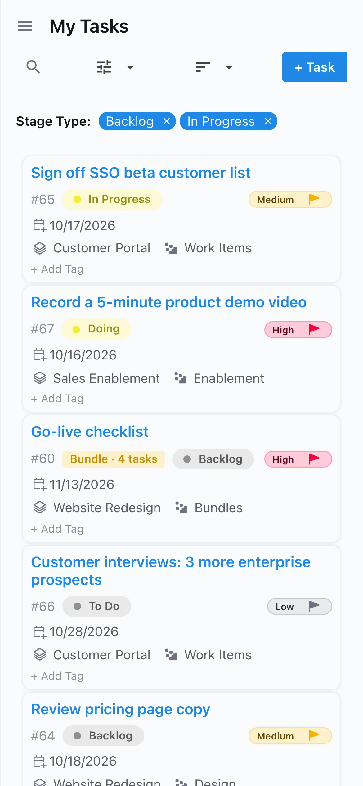 My Tasks on a phone: everything assigned to you across projects, filtered to backlog and in-progress work.