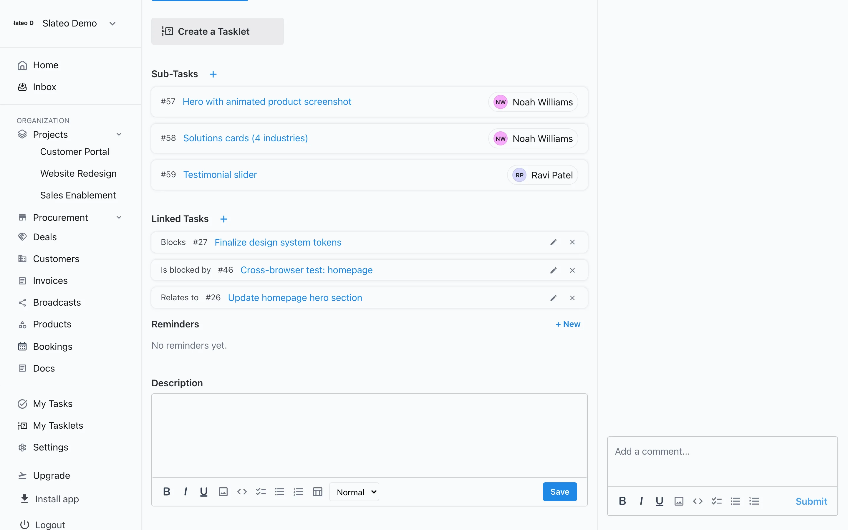 Task links in Slateo showing finish-to-start dependencies between website tasks.