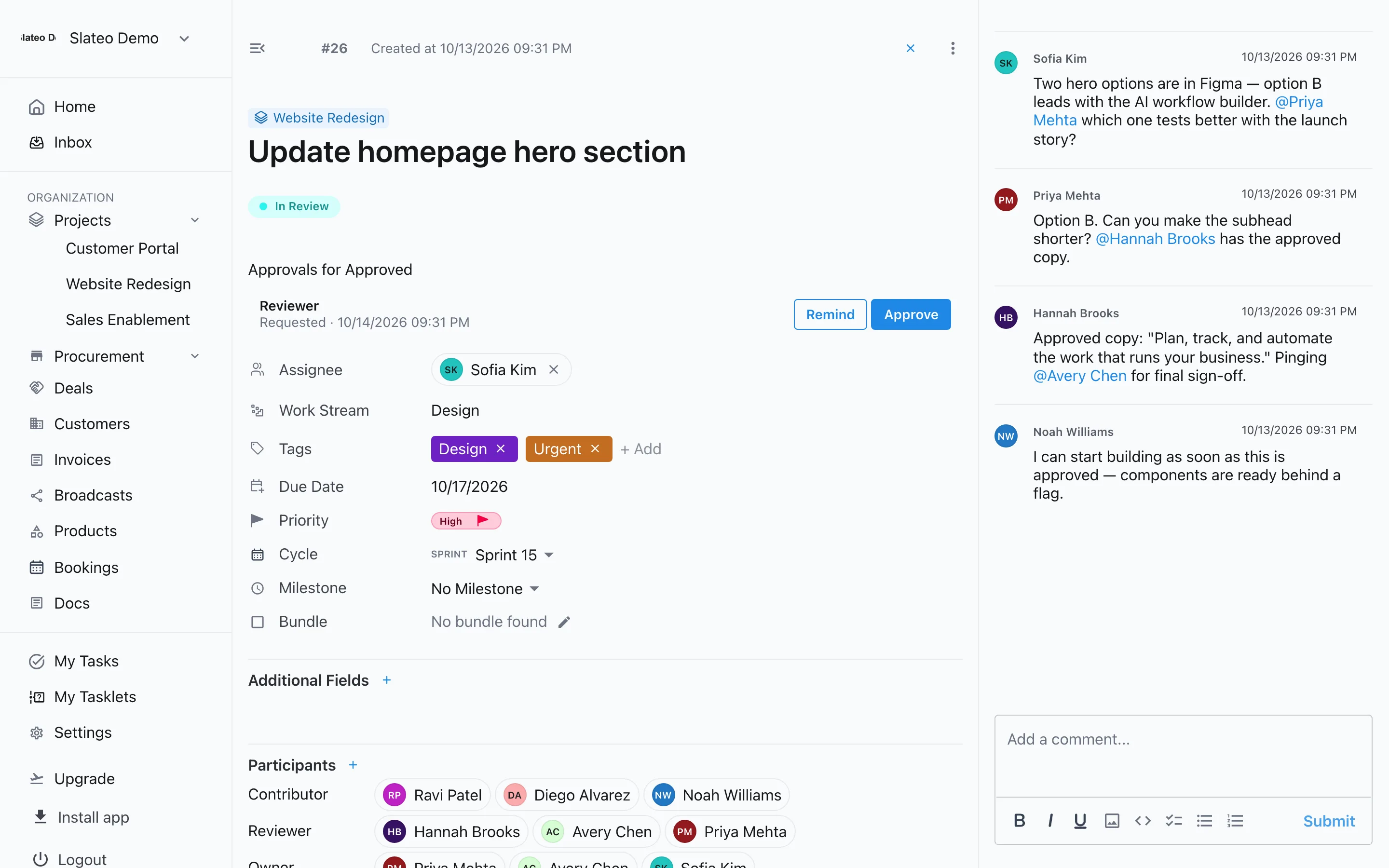 Stage approvals on a task, with an approval requested from a specific reviewer.
