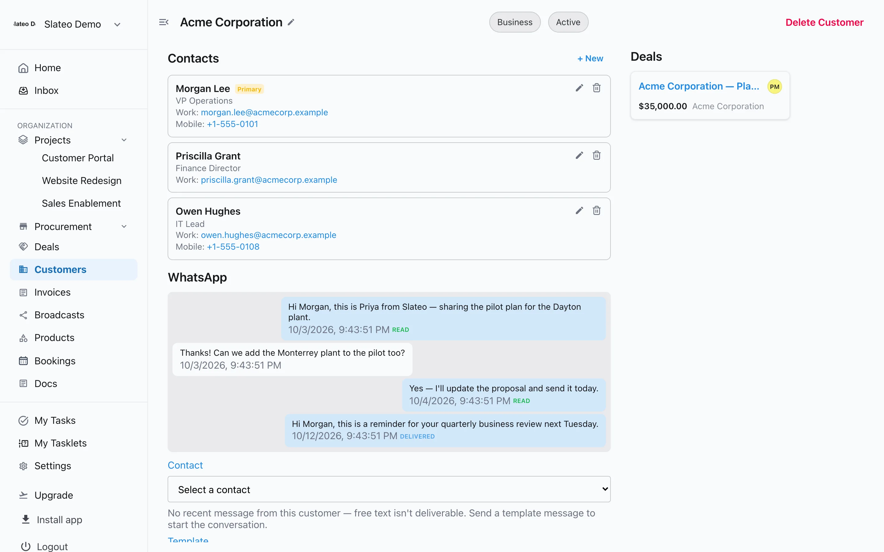 Acme Corporation's record in Slateo with three contacts, a WhatsApp conversation and an open deal.