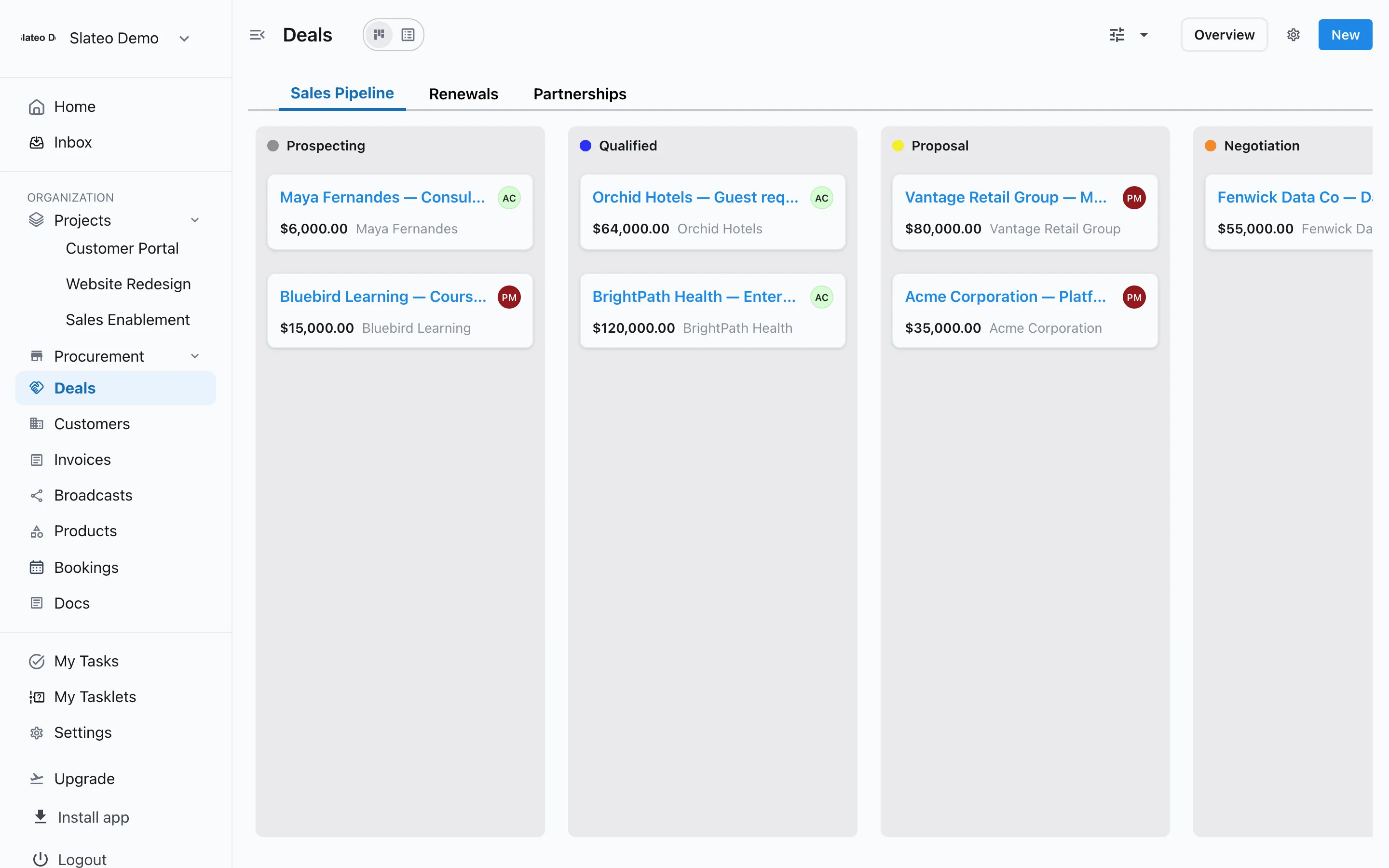A deal pipeline in Slateo with deals by stage and their amounts.