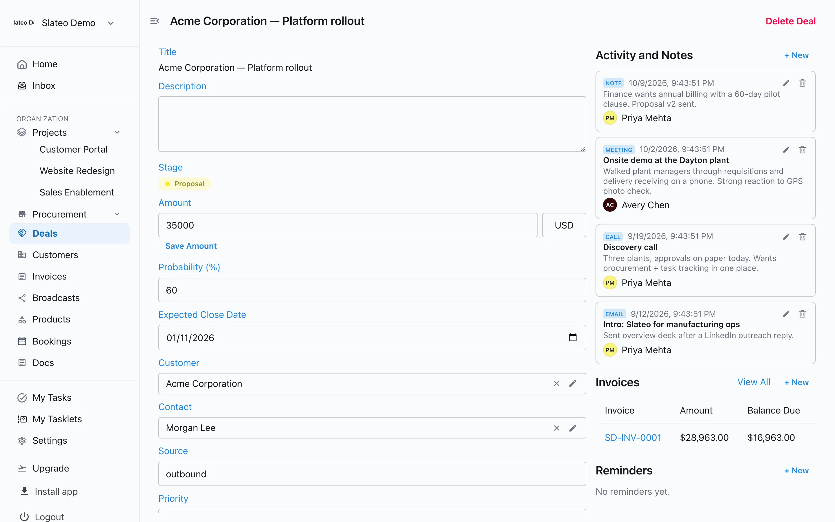 A deal in Slateo for Acme Corporation: amount, probability, expected close date, customer and contact, with its activity timeline and an invoice.