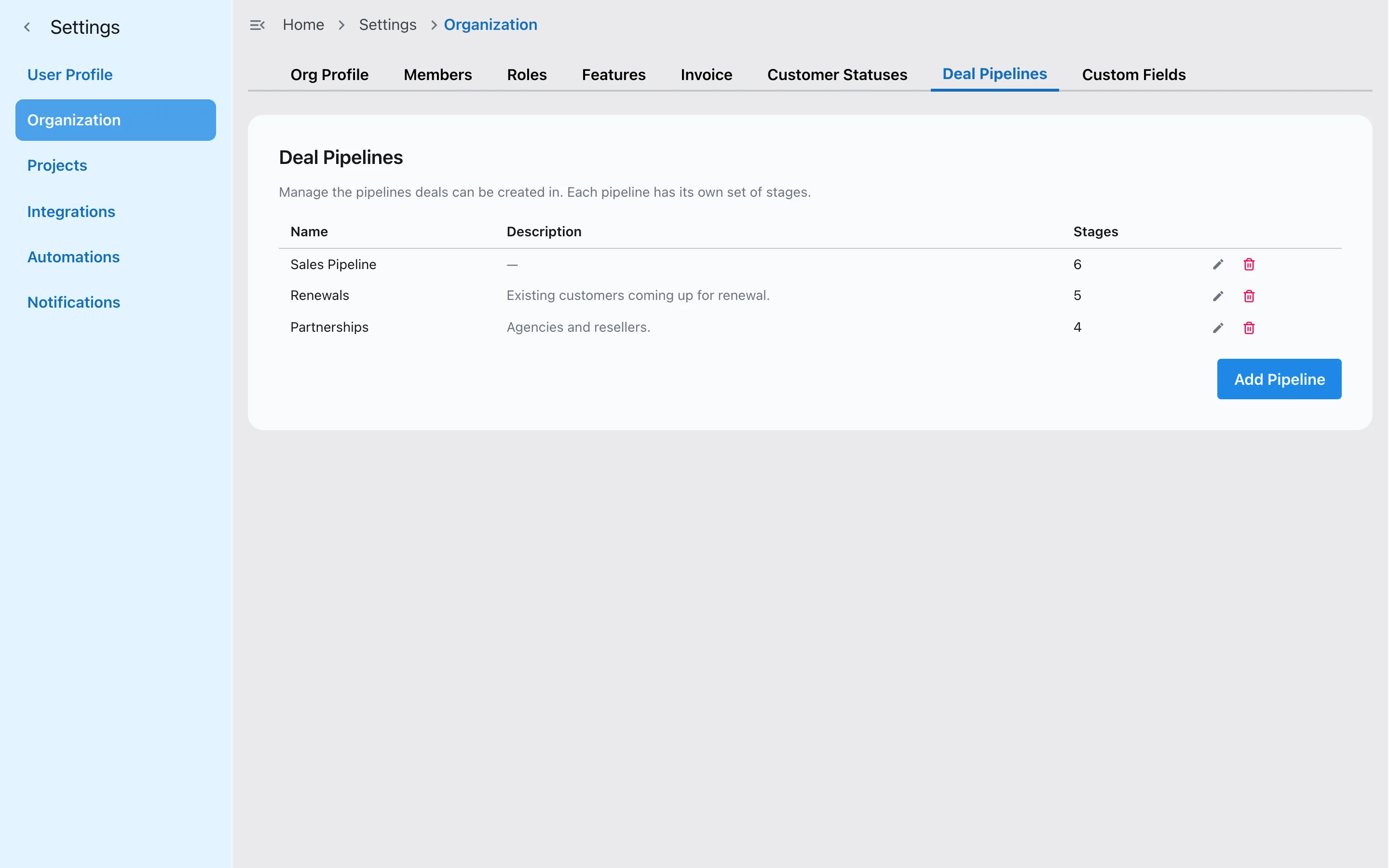 Deal pipeline settings in Slateo with three pipelines: Sales Pipeline, Renewals and Partnerships.
