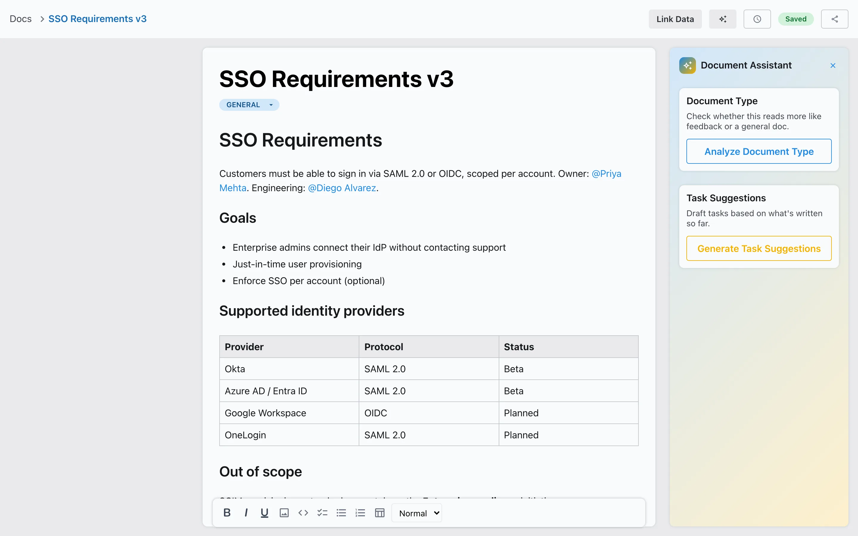 A requirements document in Slateo with goals, @mentions and a table of supported identity providers.