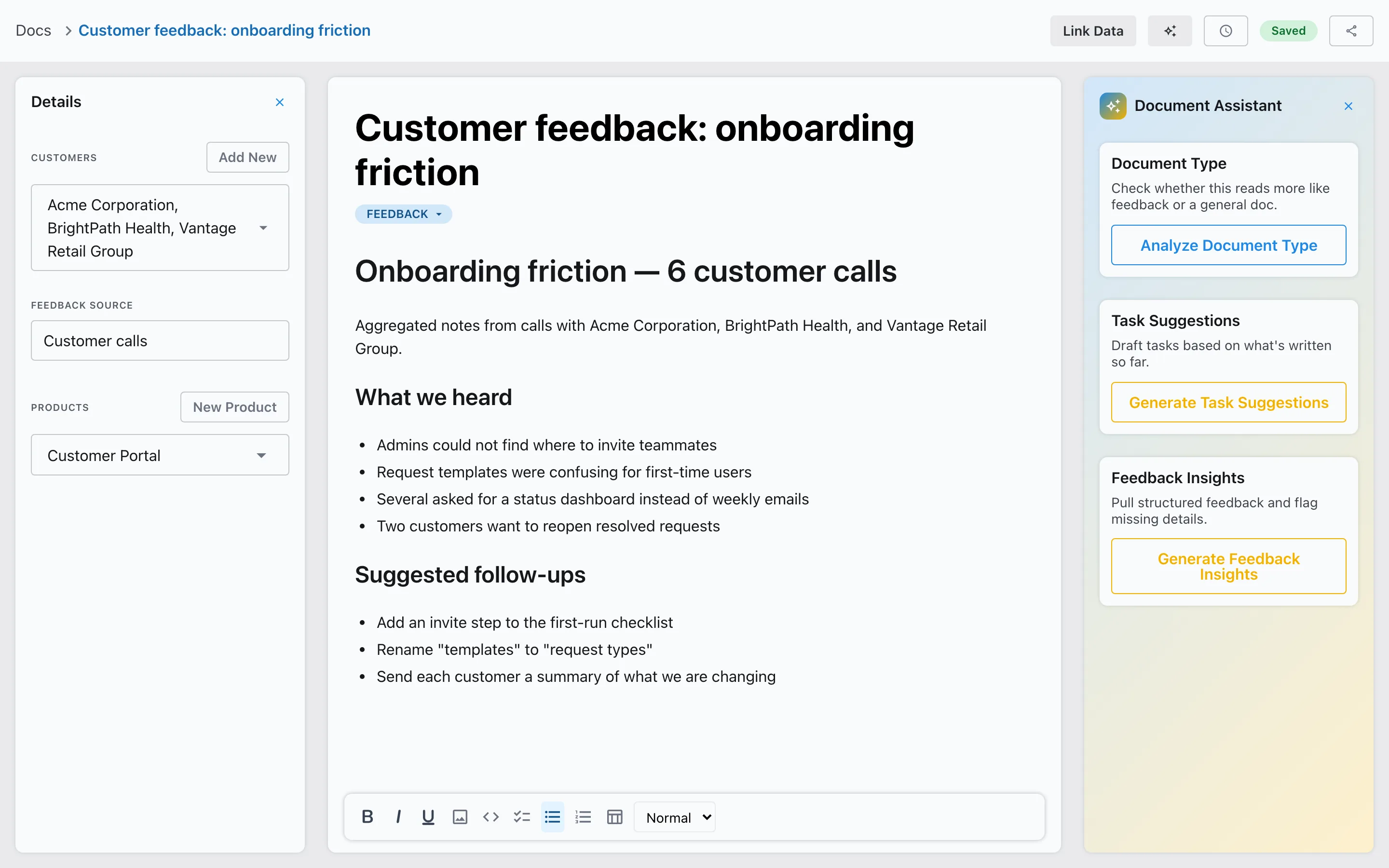 Notes from six customer calls in Slateo, marked as feedback and linked to three customers and the Customer Portal product.