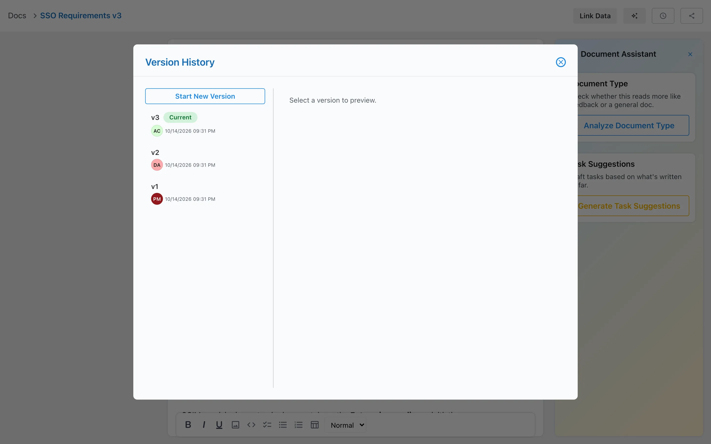Version history for a Slateo document with three versions and the current one marked.
