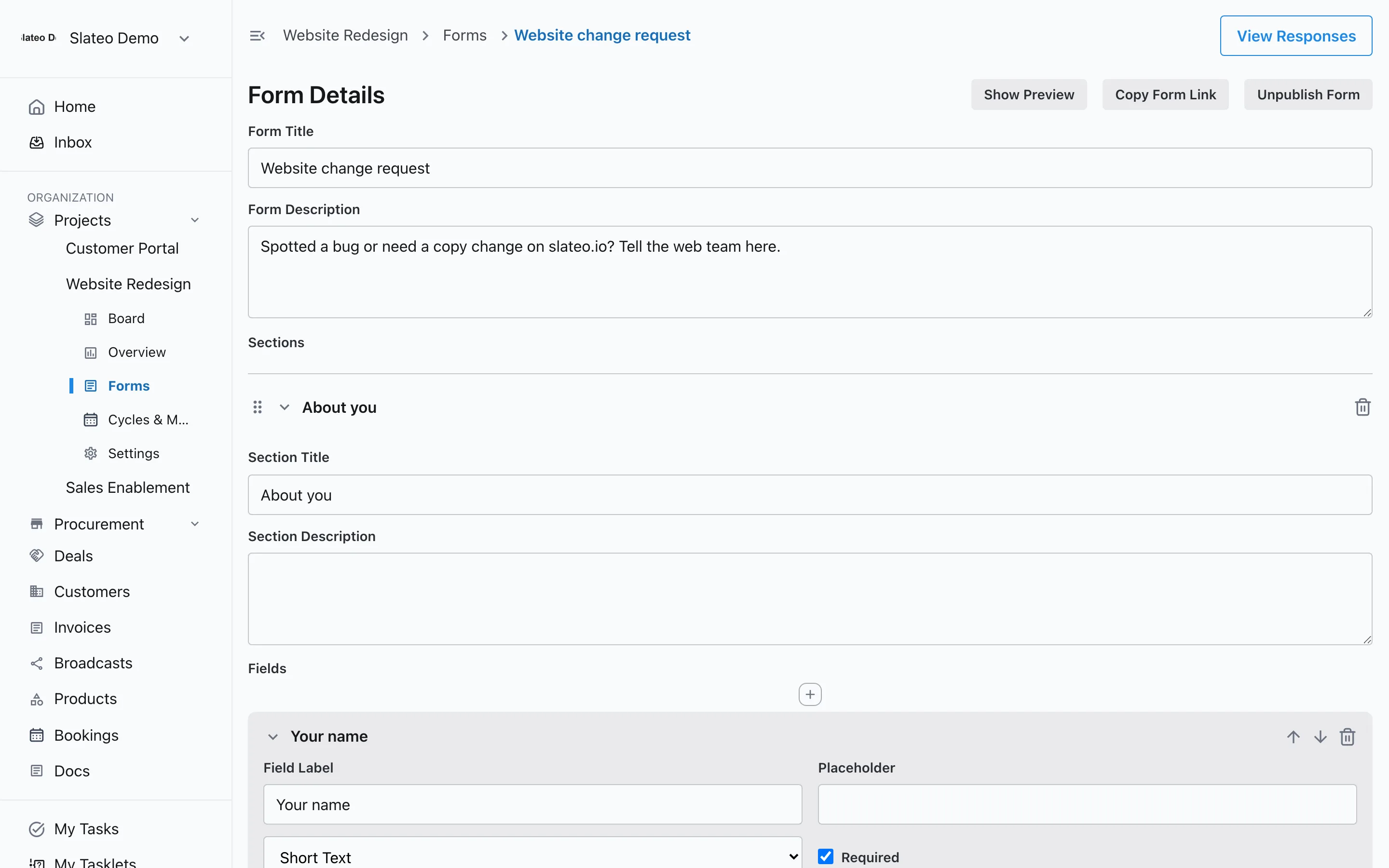 Building a form in Slateo: a section called About you with a required name field.