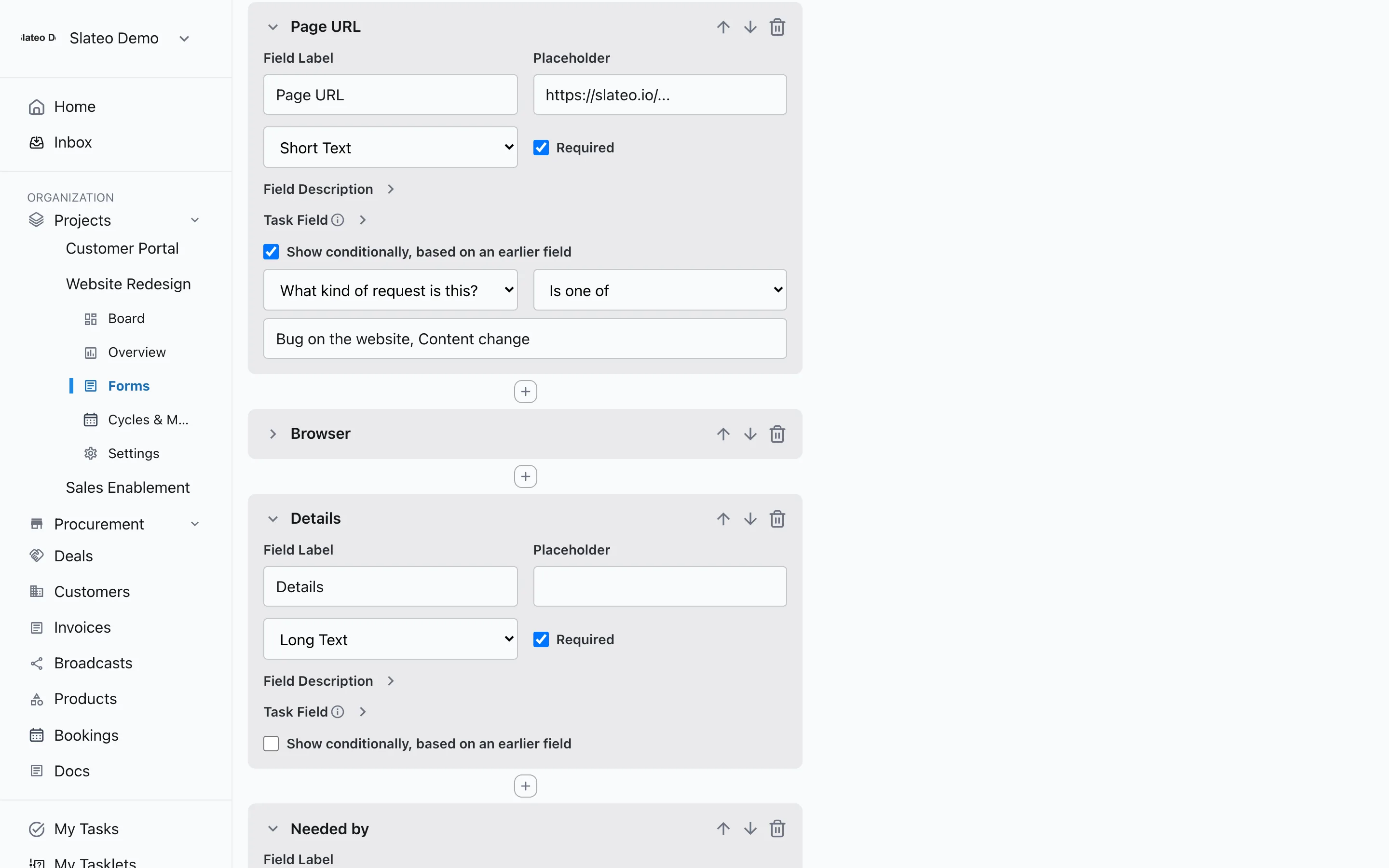 A conditional field in Slateo: the Browser question only shows when the request is a bug.