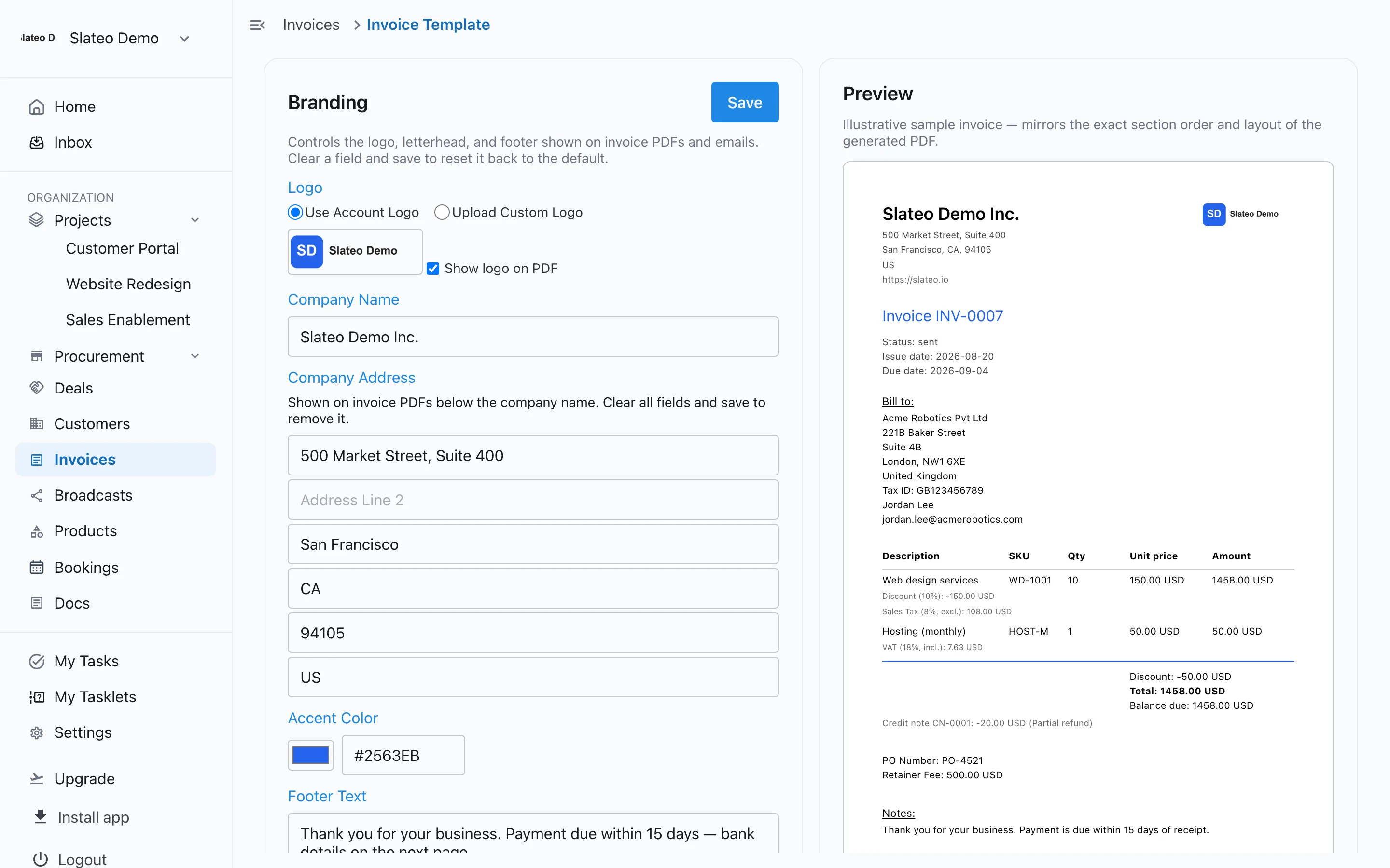 Invoice branding settings in Slateo: logo, accent colour, company address and footer, with a preview.