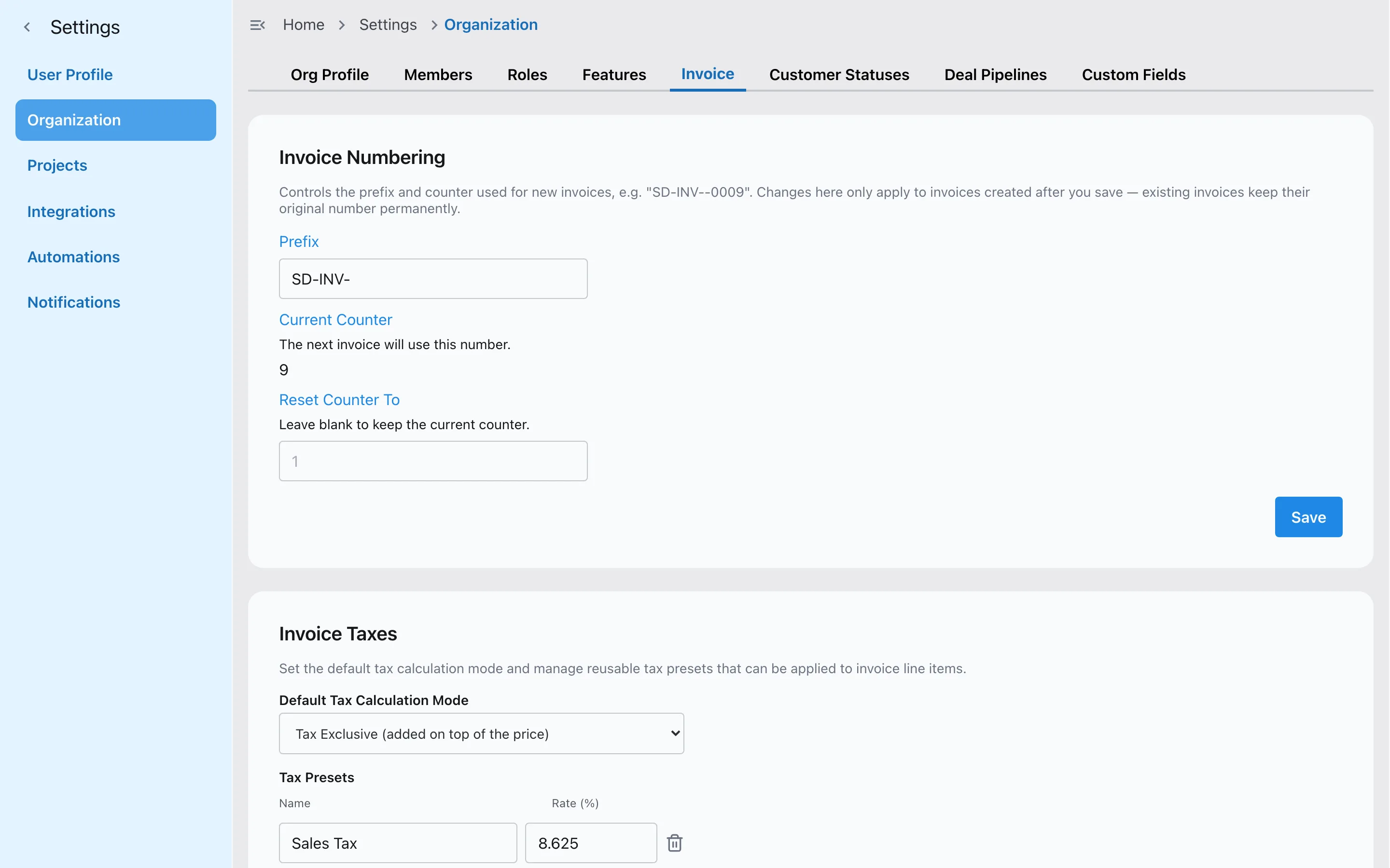Invoice numbering settings in Slateo with an SD-INV- prefix.