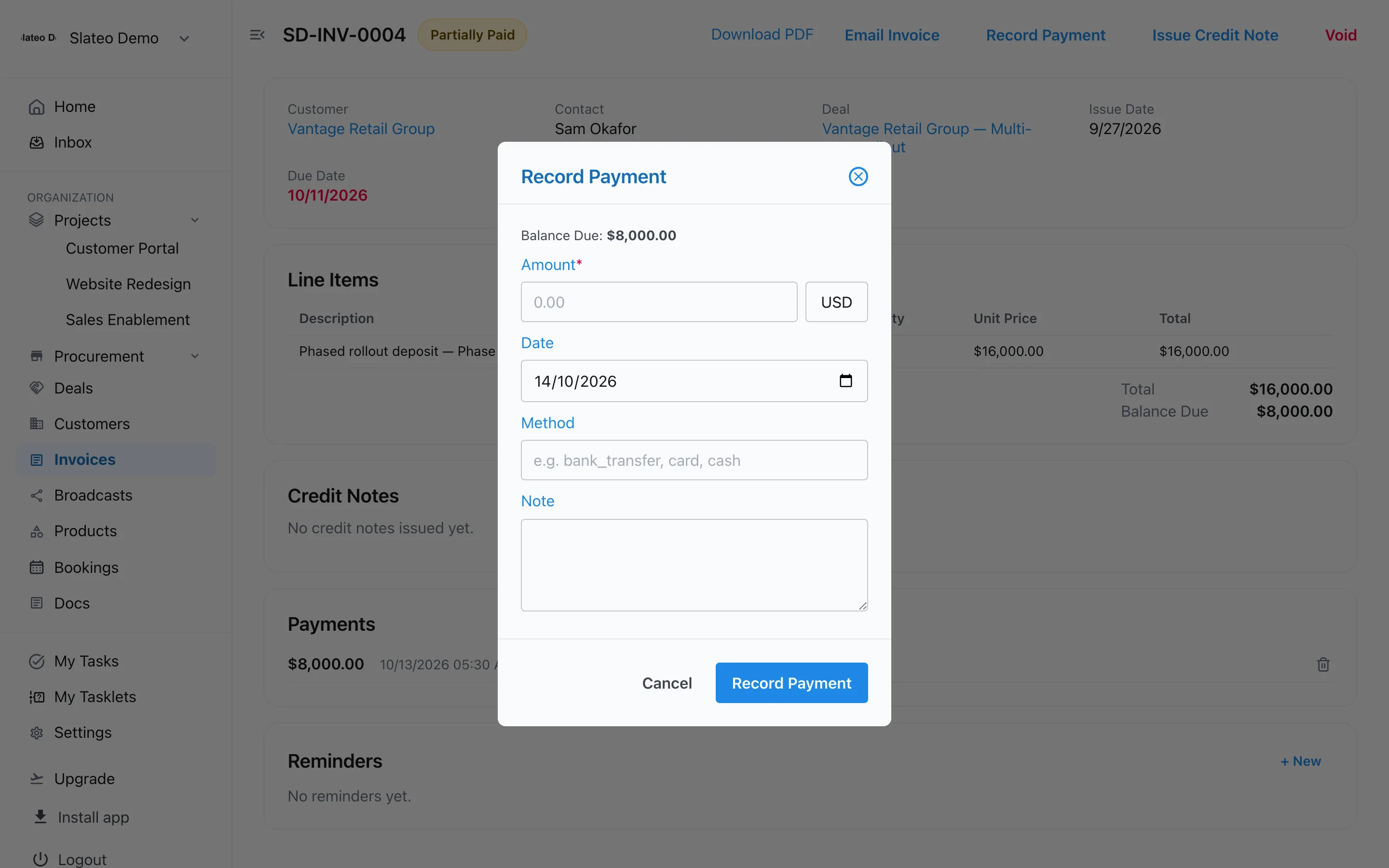 Recording a payment against an invoice in Slateo: amount, date, method and note.