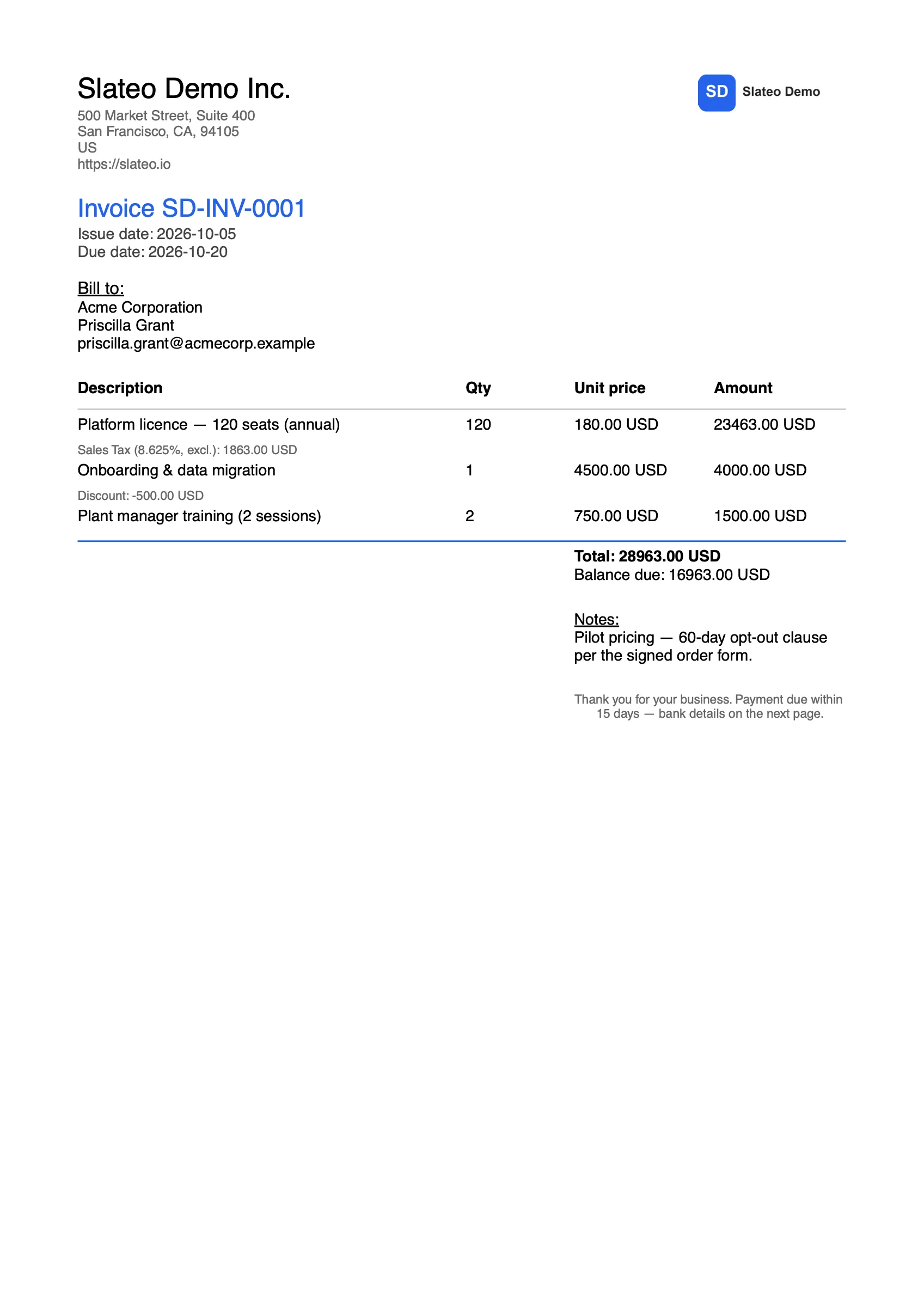 An invoice PDF from Slateo with the company's logo, address, line items, total and balance due.