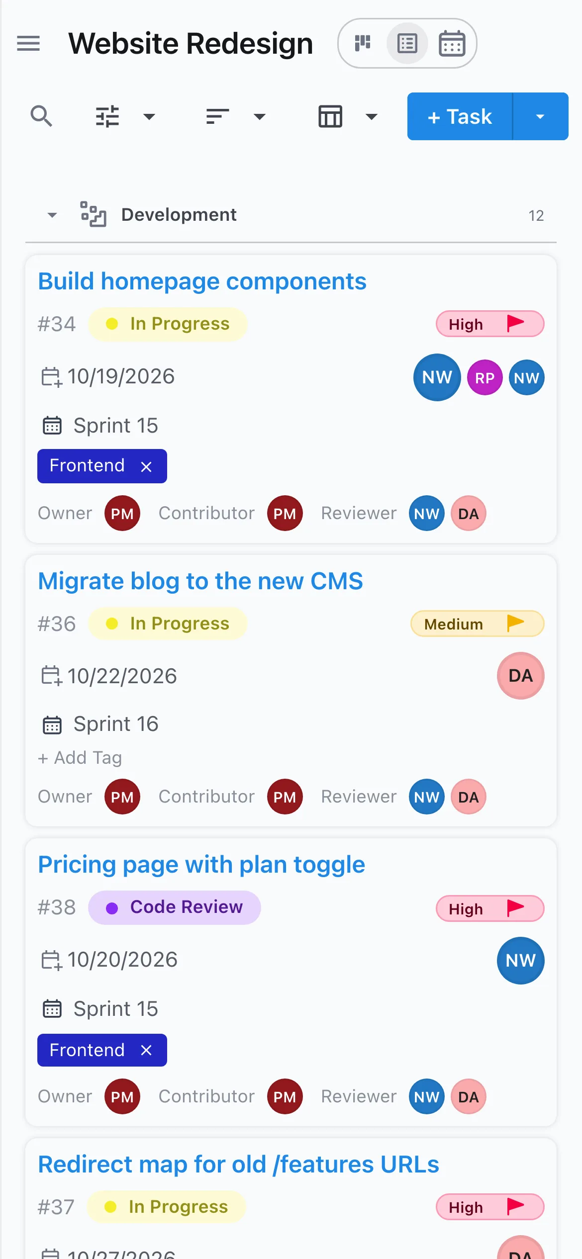 The Website Redesign task list on a phone, with stages, priorities, due dates and sprints on each card.
