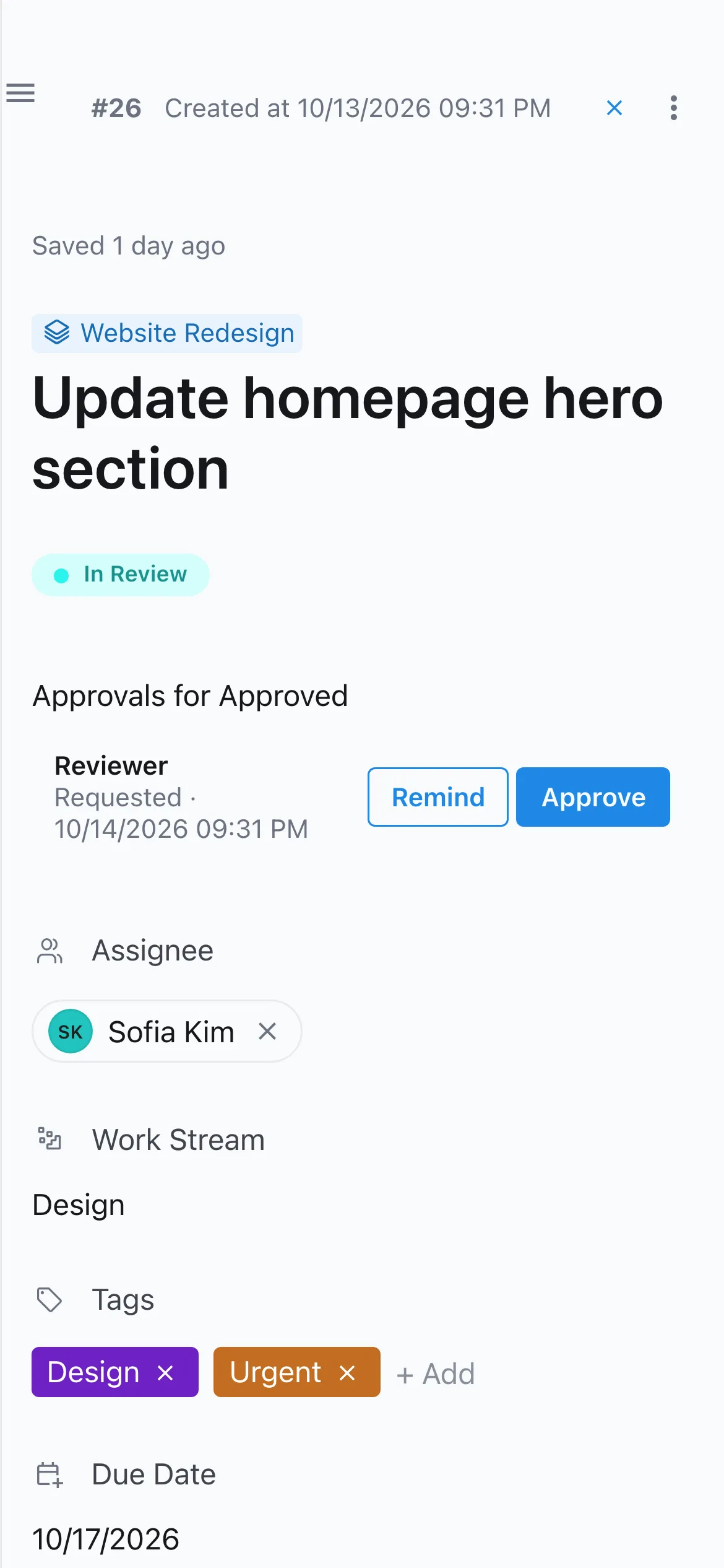 A task on a phone in the In Review stage, with the reviewer's approval request and Remind and Approve buttons.