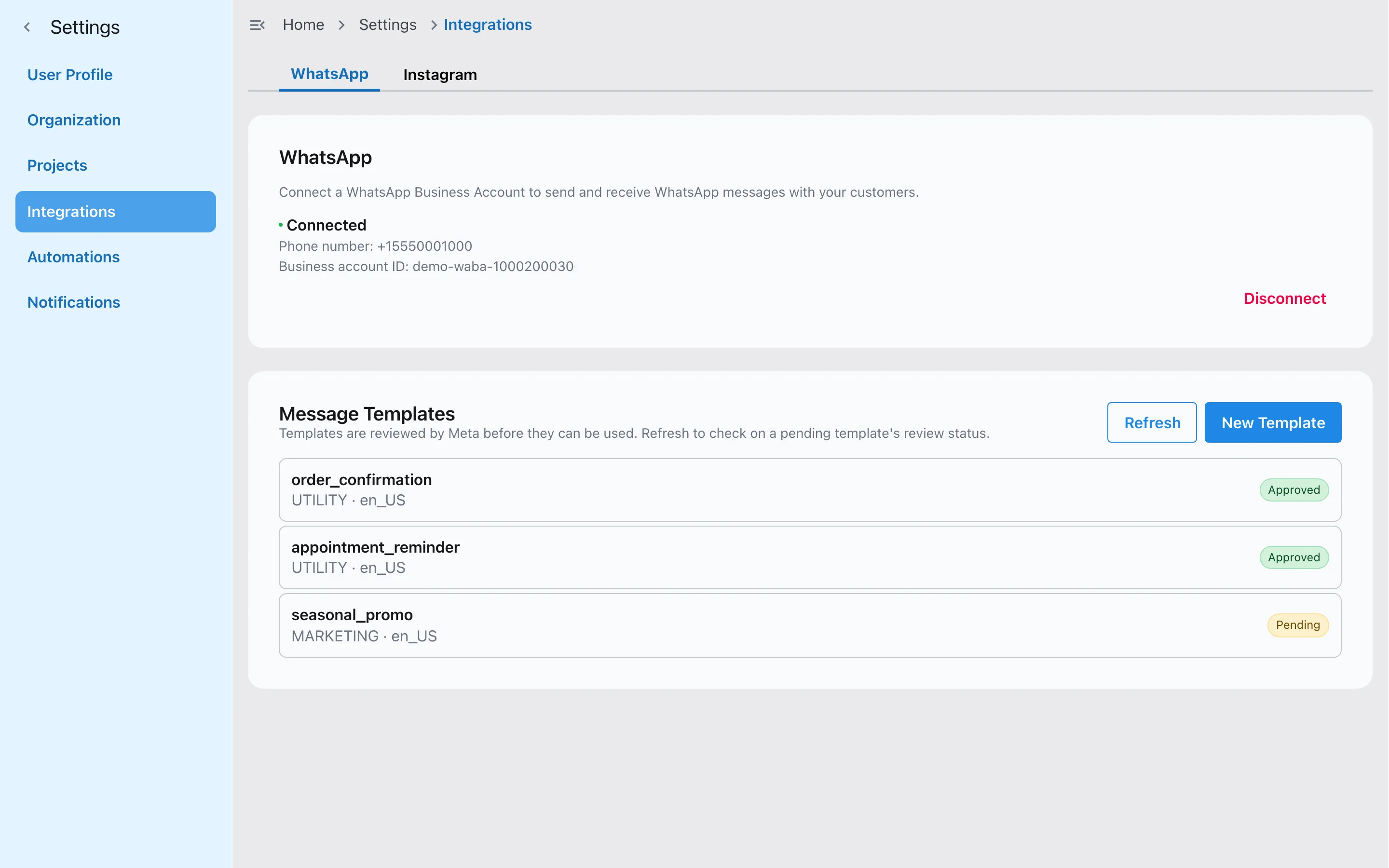 WhatsApp connected in Slateo's integration settings, with message templates and their approval status.