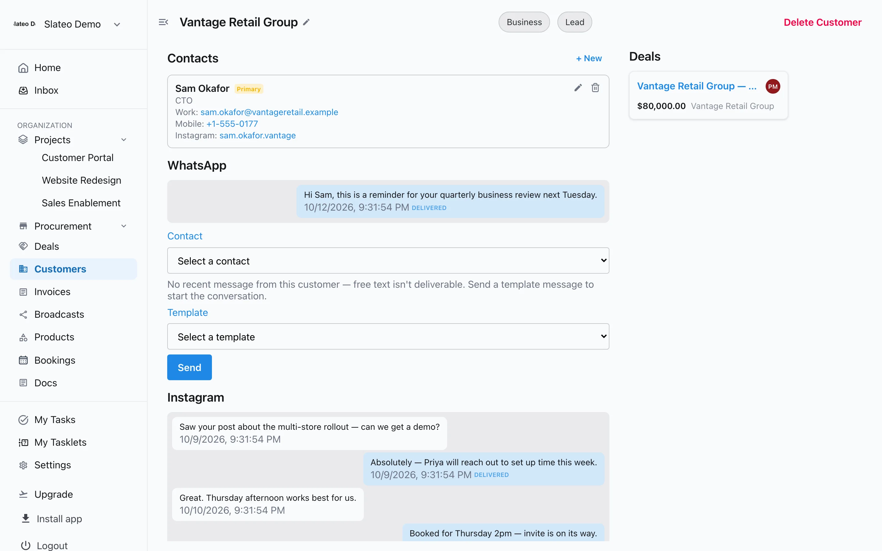 Instagram direct messages on a customer's record in Slateo, under their WhatsApp conversation.