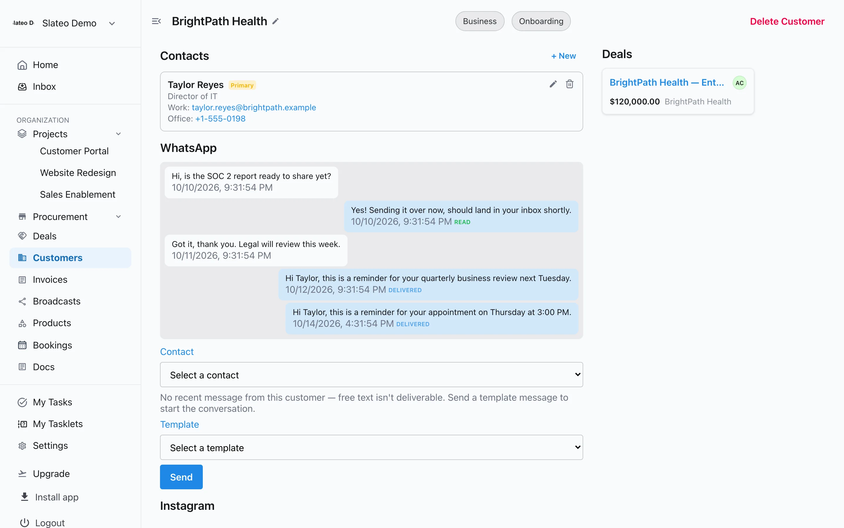 A WhatsApp conversation on a customer's record in Slateo, with delivered and read ticks and a template reminder.