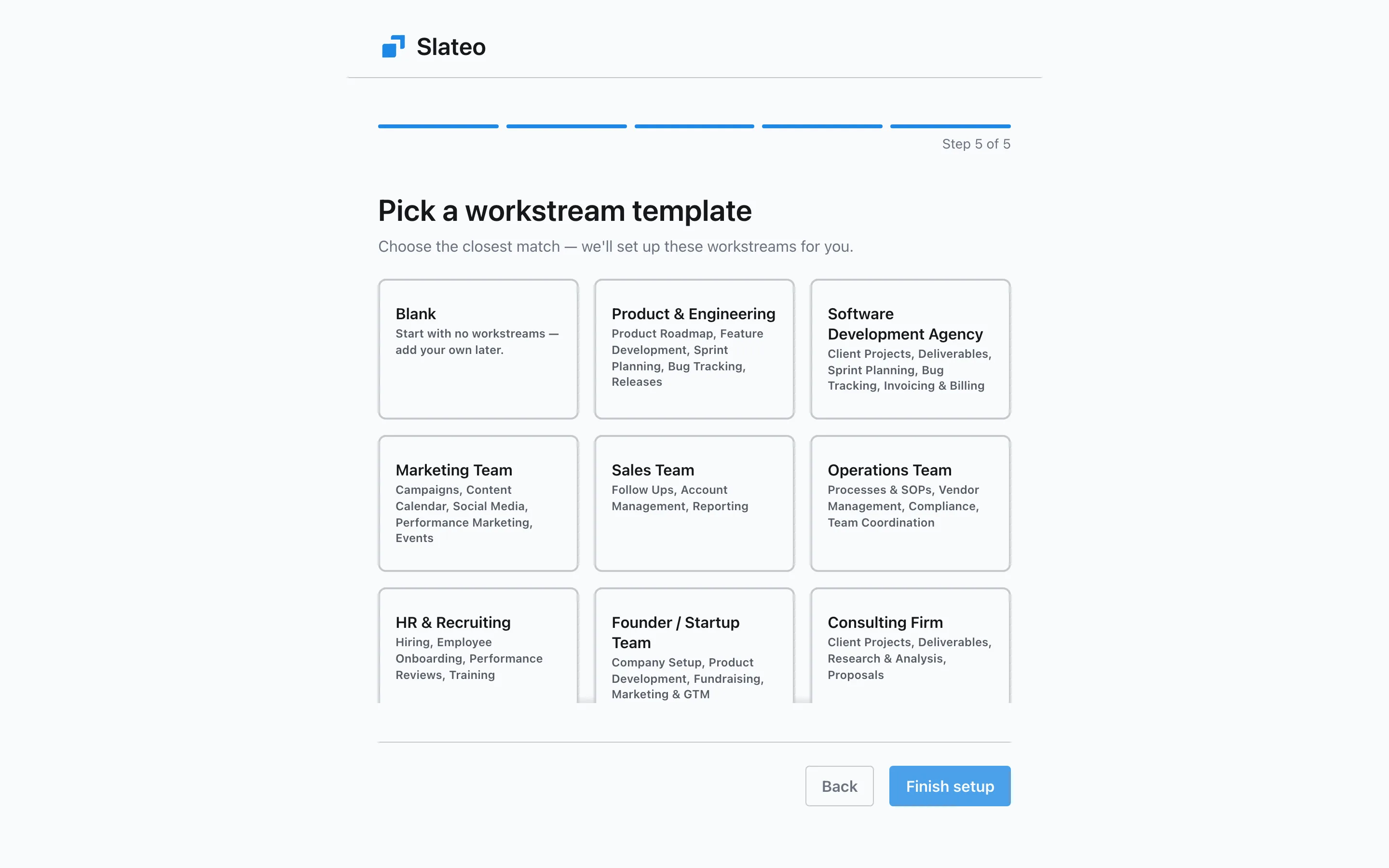 Slateo onboarding: choosing your team type.
