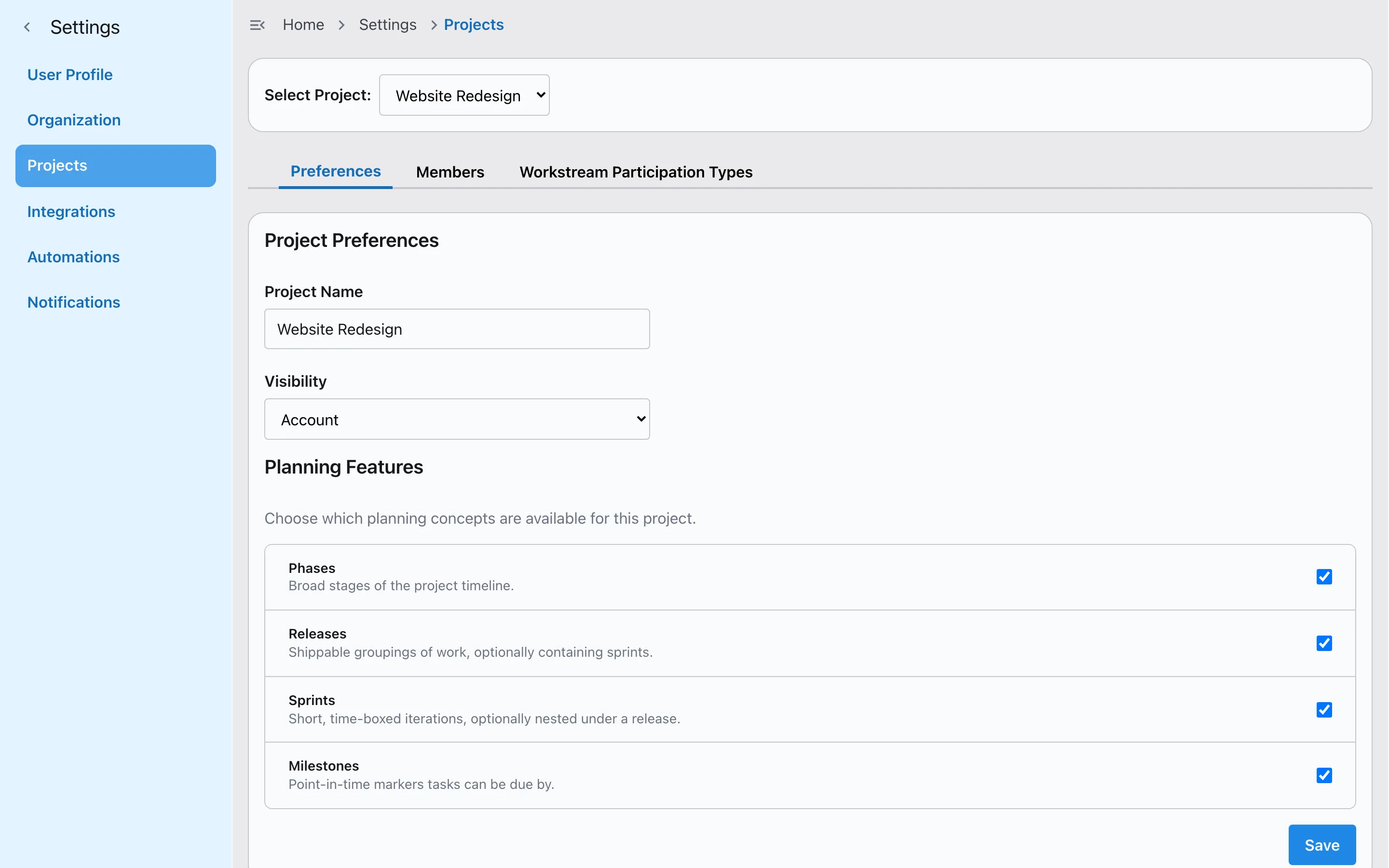 Project settings in Slateo with Phases, Releases, Sprints and Milestones turned on.