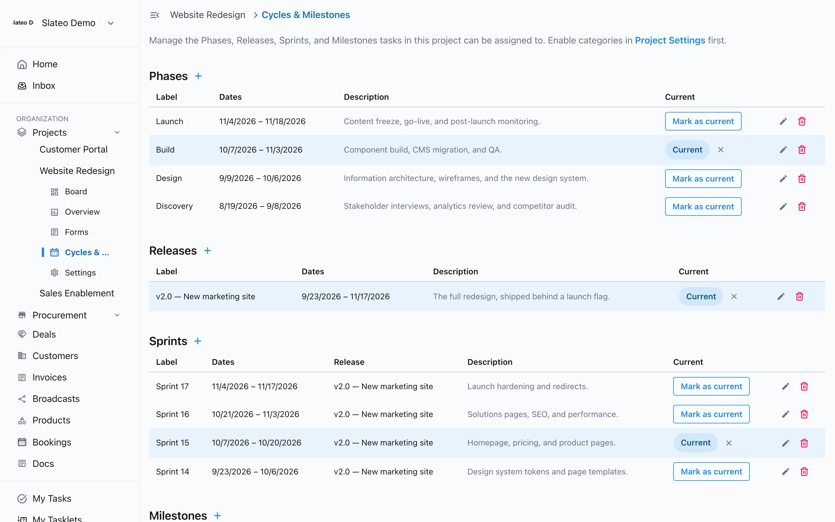 Cycles and milestones in Slateo: phases with Build marked current, a release, and four sprints with Sprint 15 current.