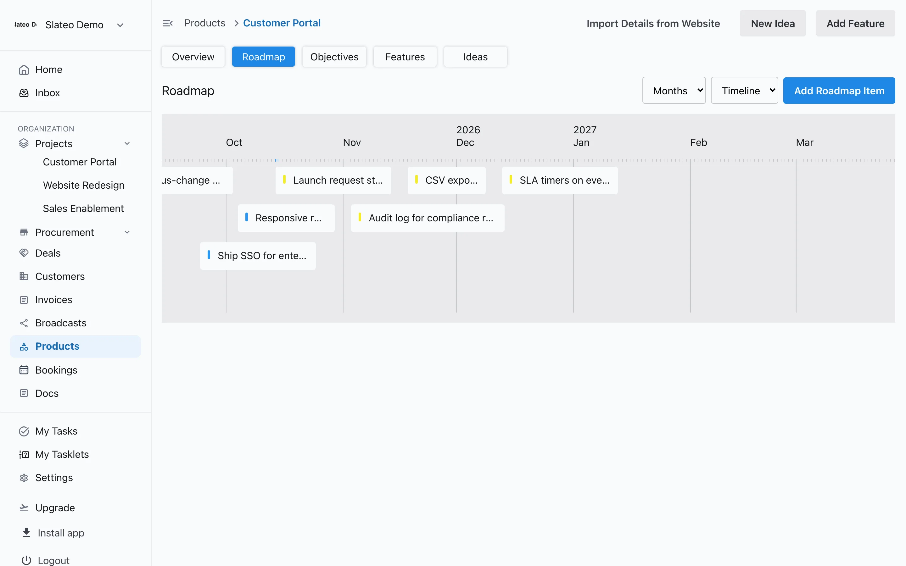 The Customer Portal roadmap in Slateo: a month-by-month timeline from October to March with items such as SSO for enterprise, a launch request status page, CSV export and SLA timers.