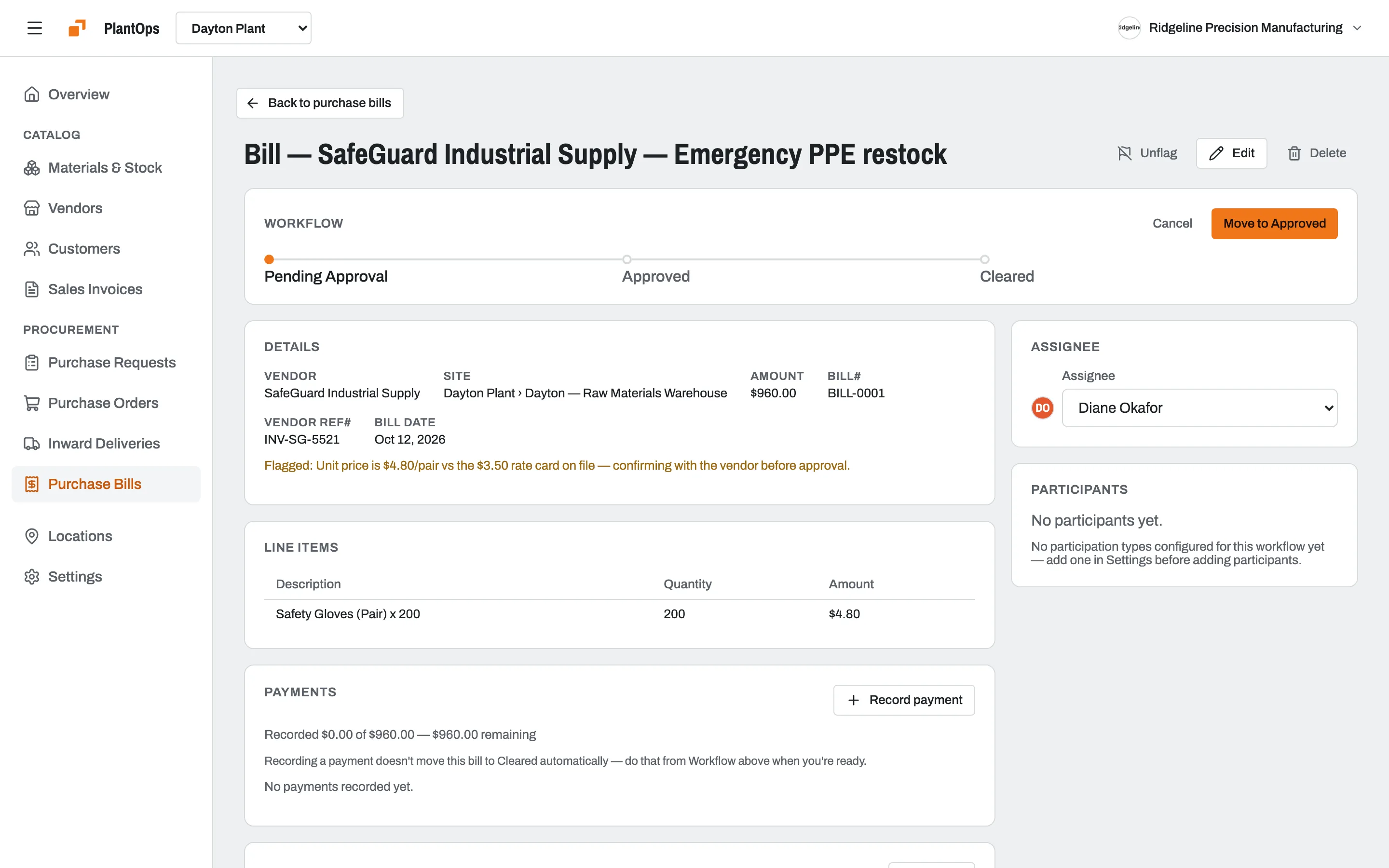 A vendor bill in Slateo PlantOps flagged because the unit price is above the rate card, with its approval stages and payments.