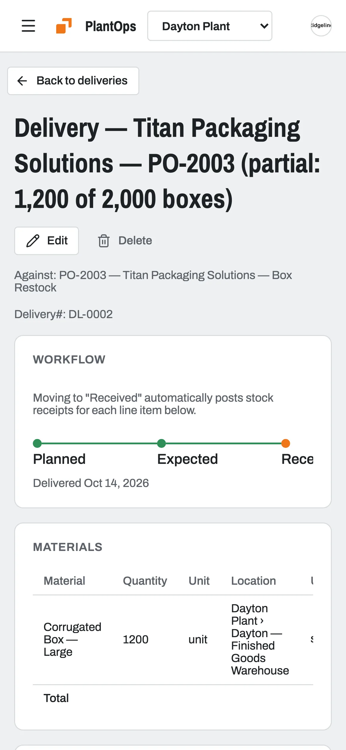 Receiving a partial delivery at the factory gate on a phone in Slateo PlantOps.
