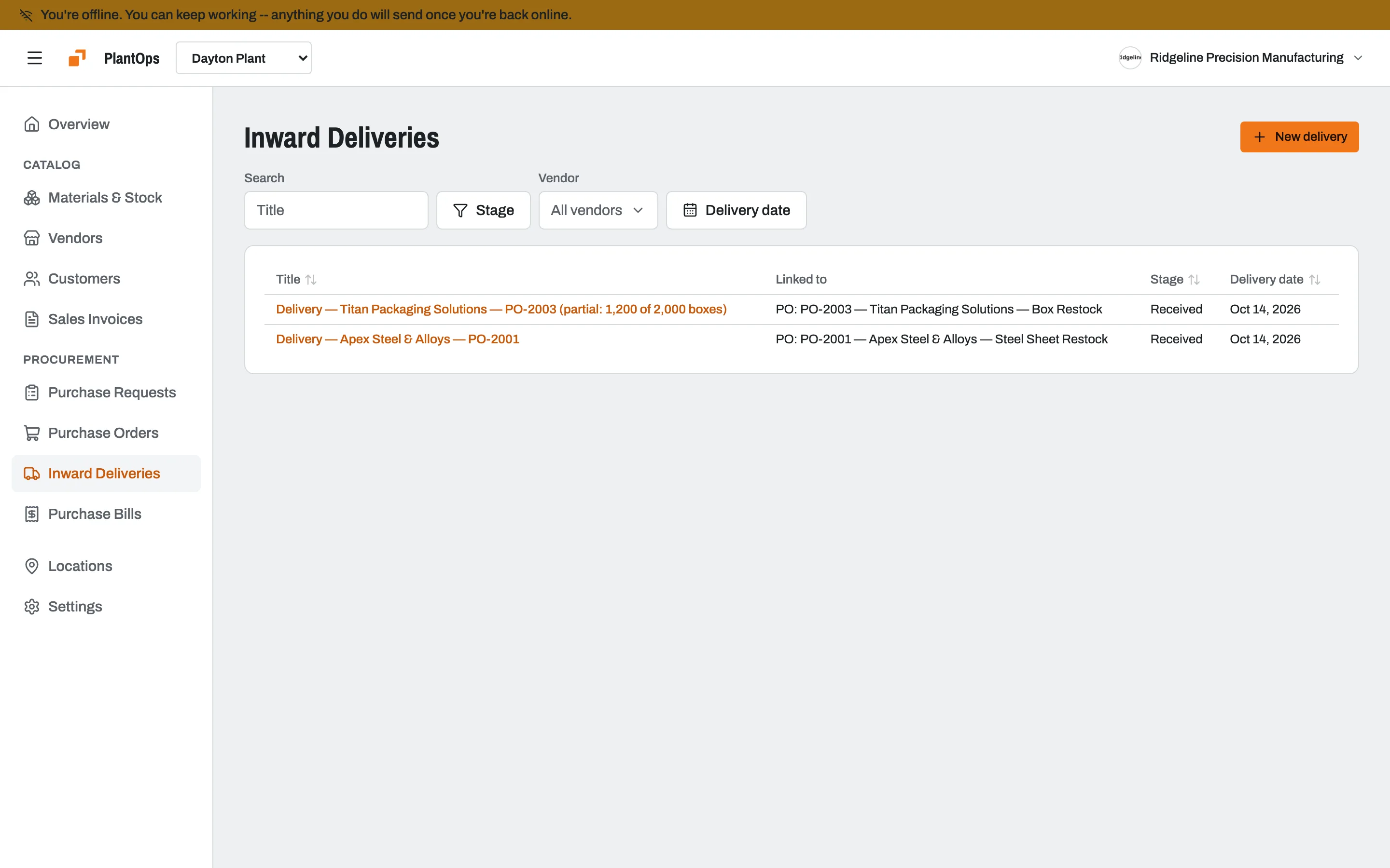 Slateo PlantOps working offline, with an offline banner.