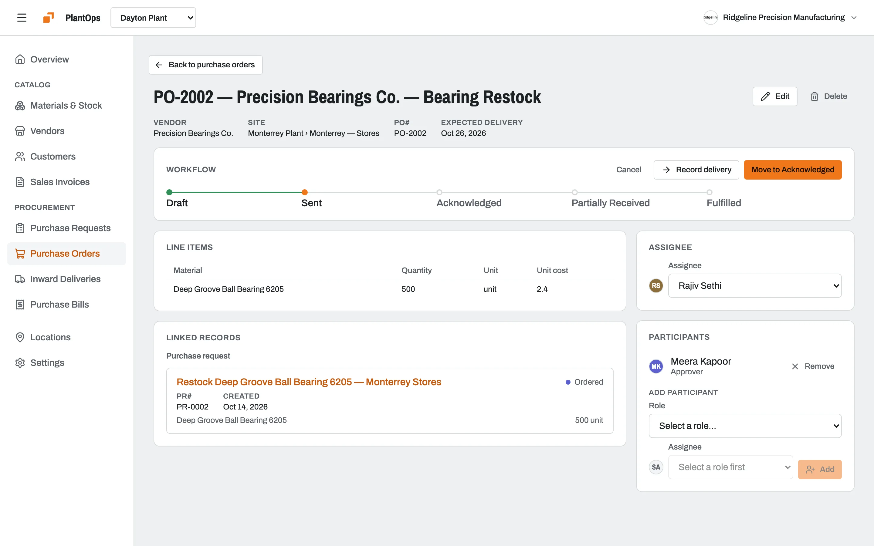A purchase order in Slateo PlantOps for bearings from a vendor, with its stages, line items, linked purchase request and approver.