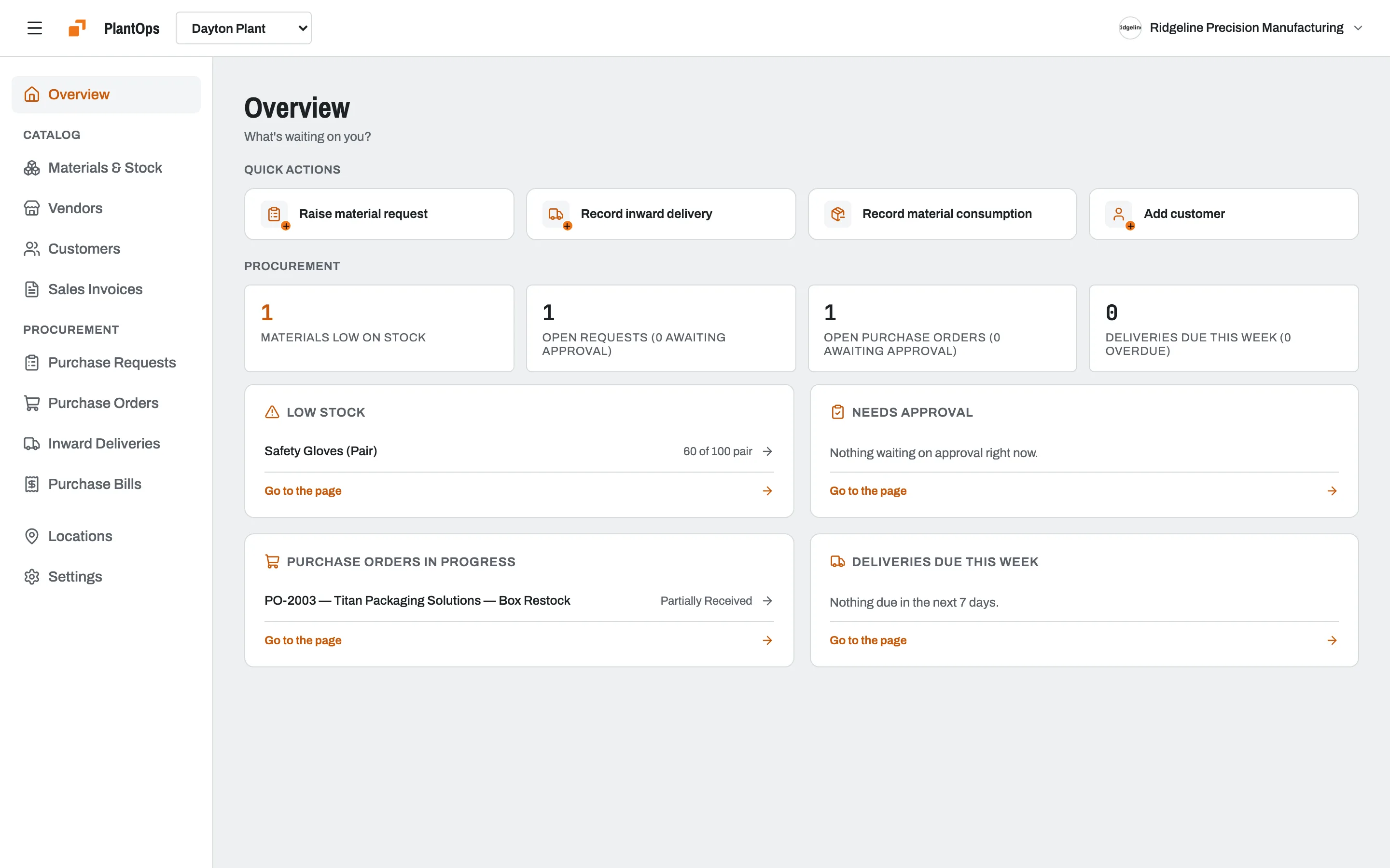 Slateo PlantOps overview: approvals and exceptions to act on today, with low stock, open requests, purchase orders and deliveries due.