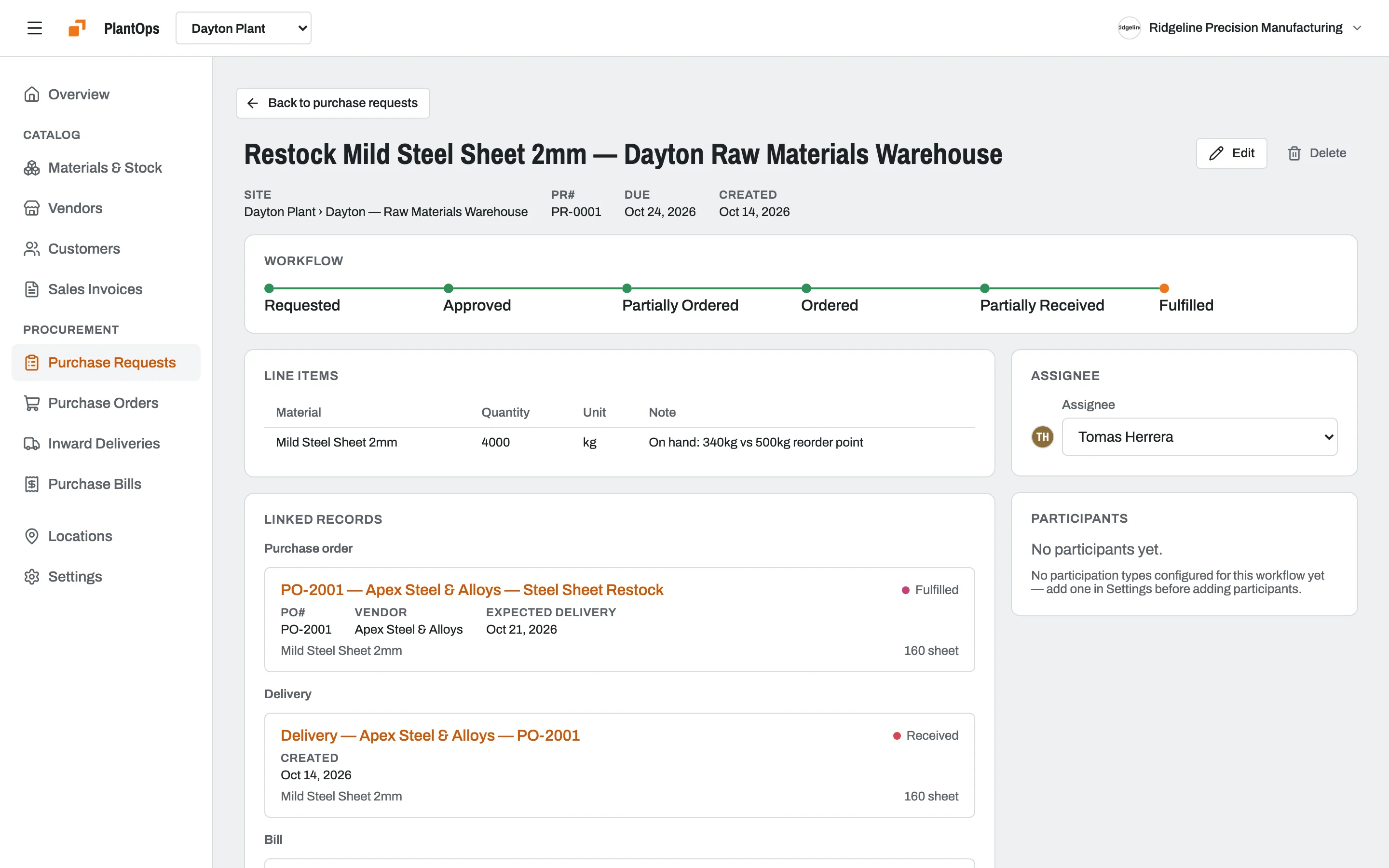 A purchase request in Slateo PlantOps for mild steel sheet, with its stages from requested to fulfilled and the linked purchase order and delivery.