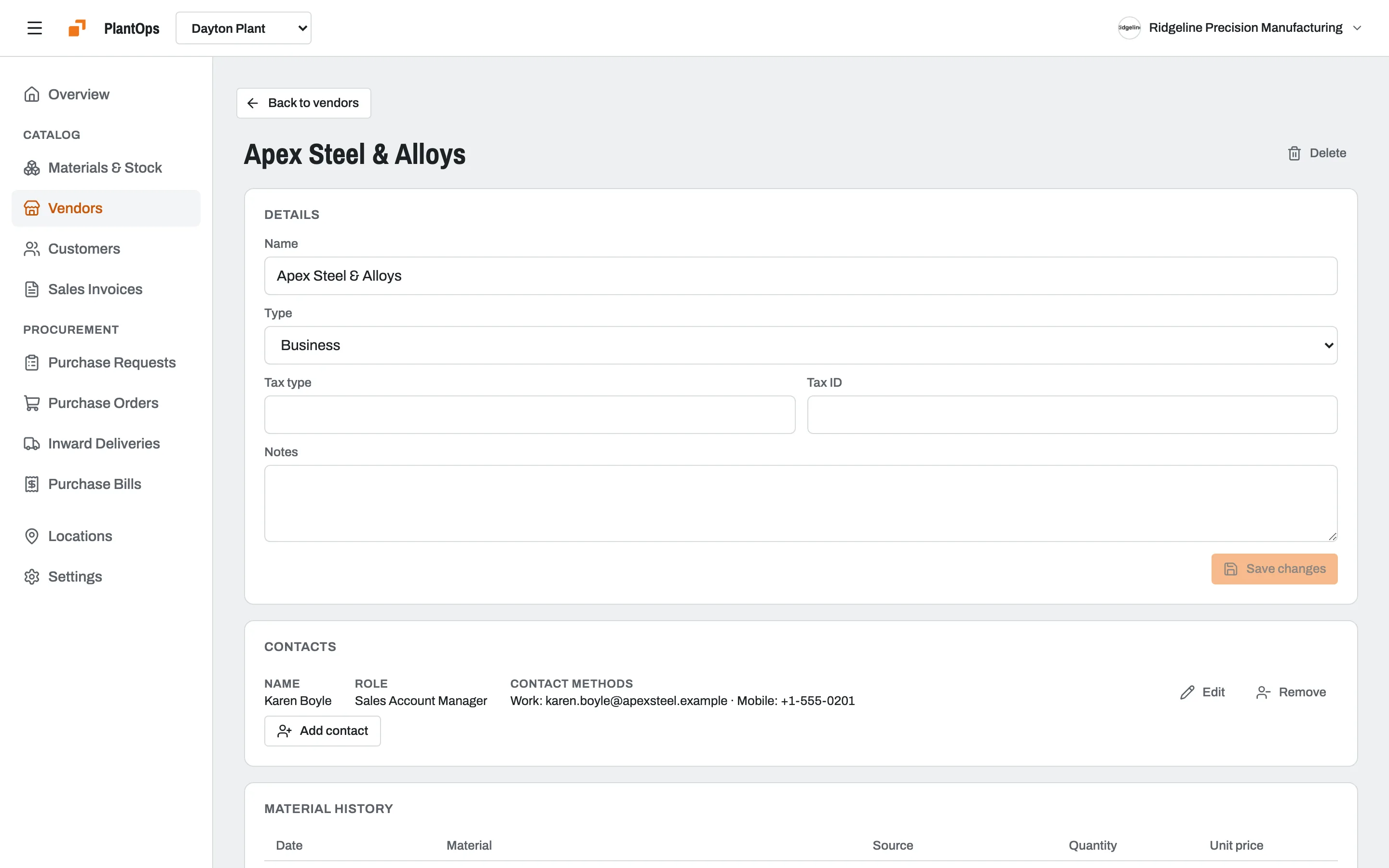 A vendor in Slateo PlantOps with its details, a contact and material purchase history.