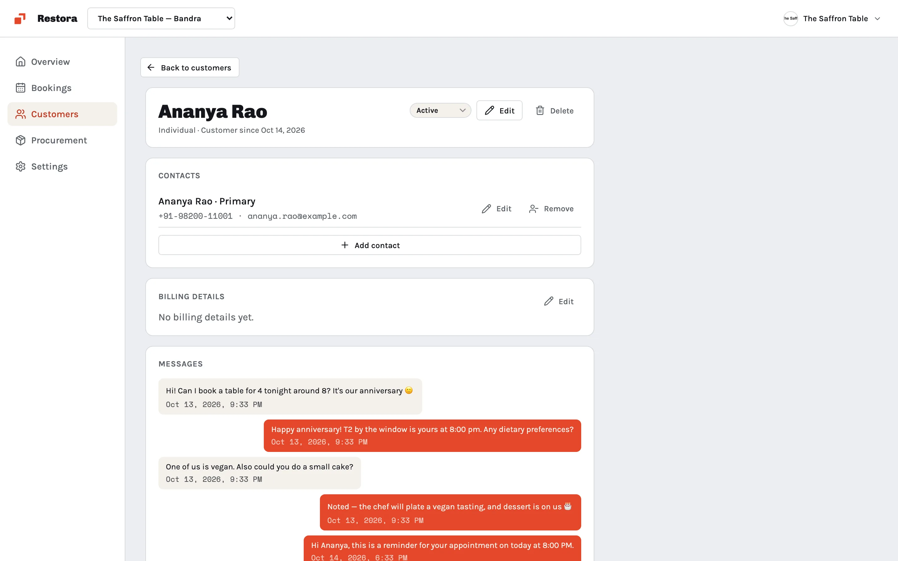 A guest profile in Slateo Restora with a WhatsApp conversation.