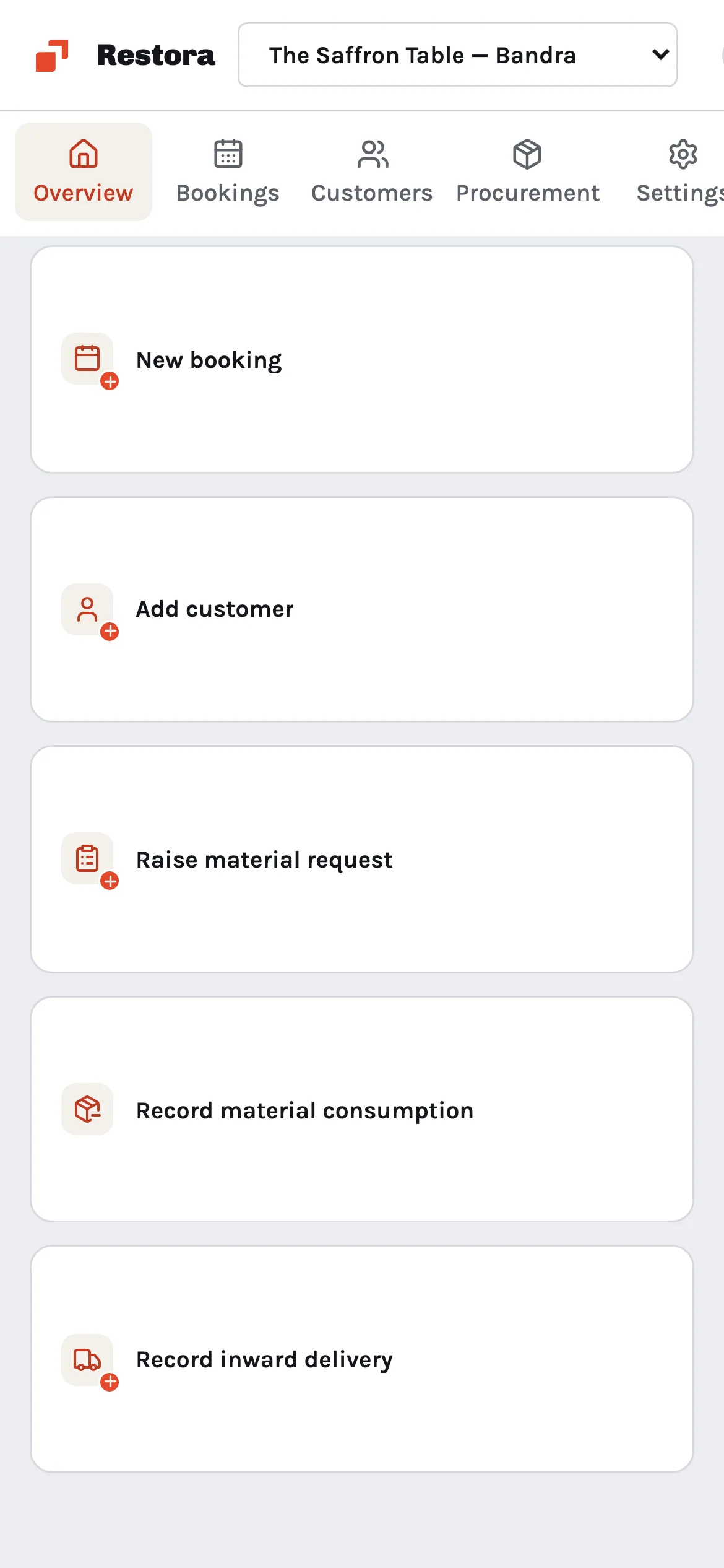 Restora on a phone: quick actions for a new booking, adding a customer, raising a material request, recording consumption and recording a delivery.