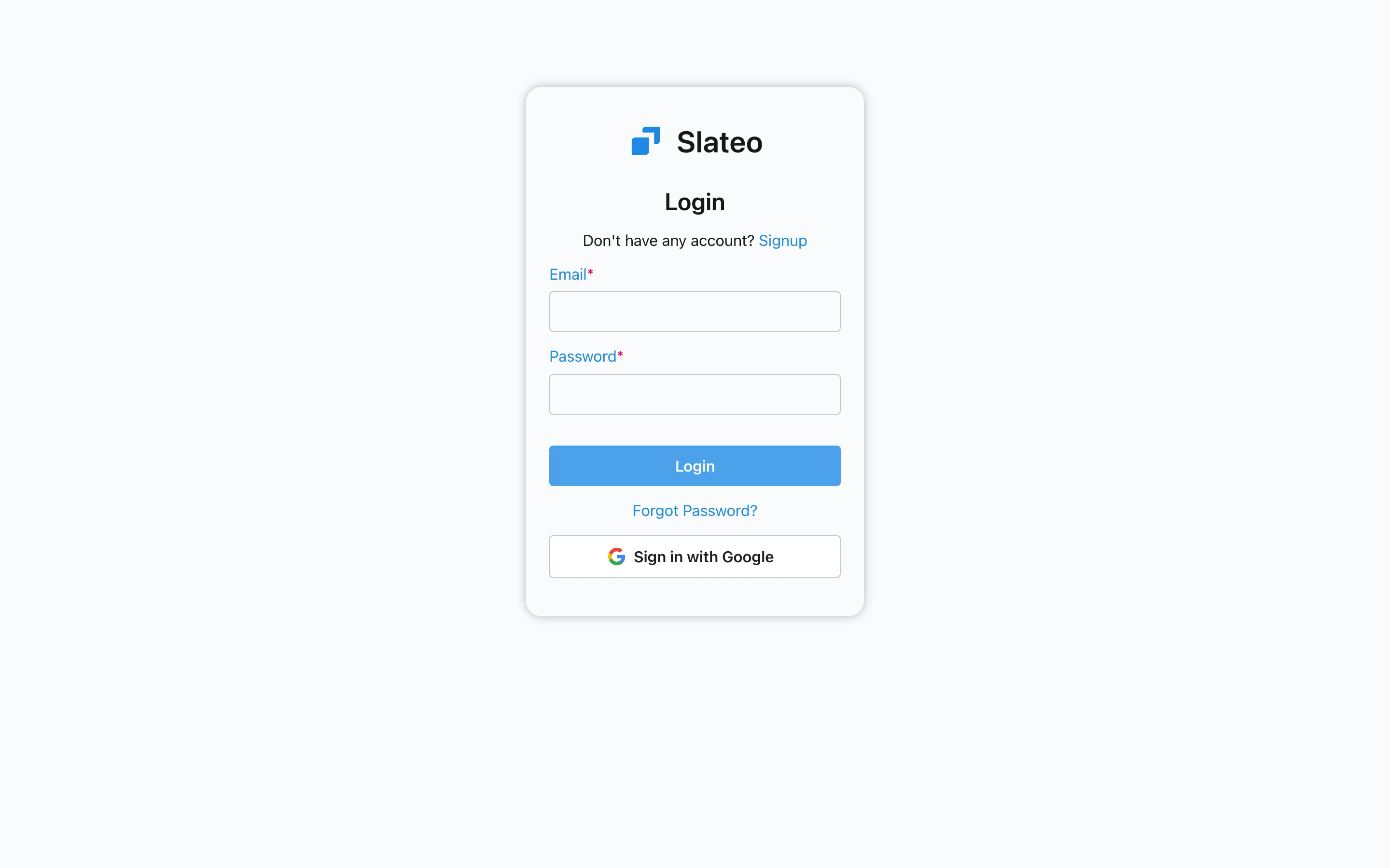 Slateo sign-in page with email and password, a Forgot Password link and a Sign in with Google button.