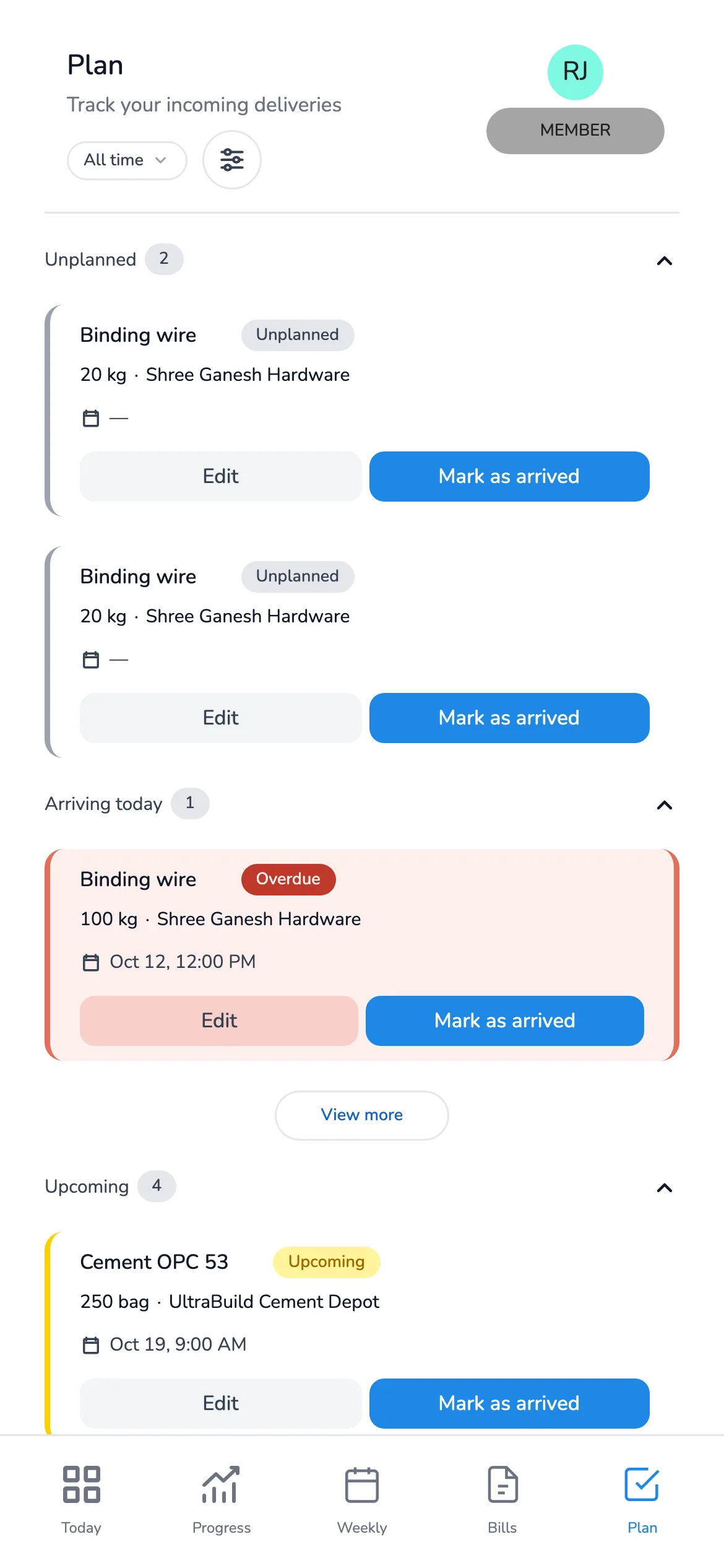 Slateo Site Management on a phone: incoming deliveries arriving today, upcoming and overdue.