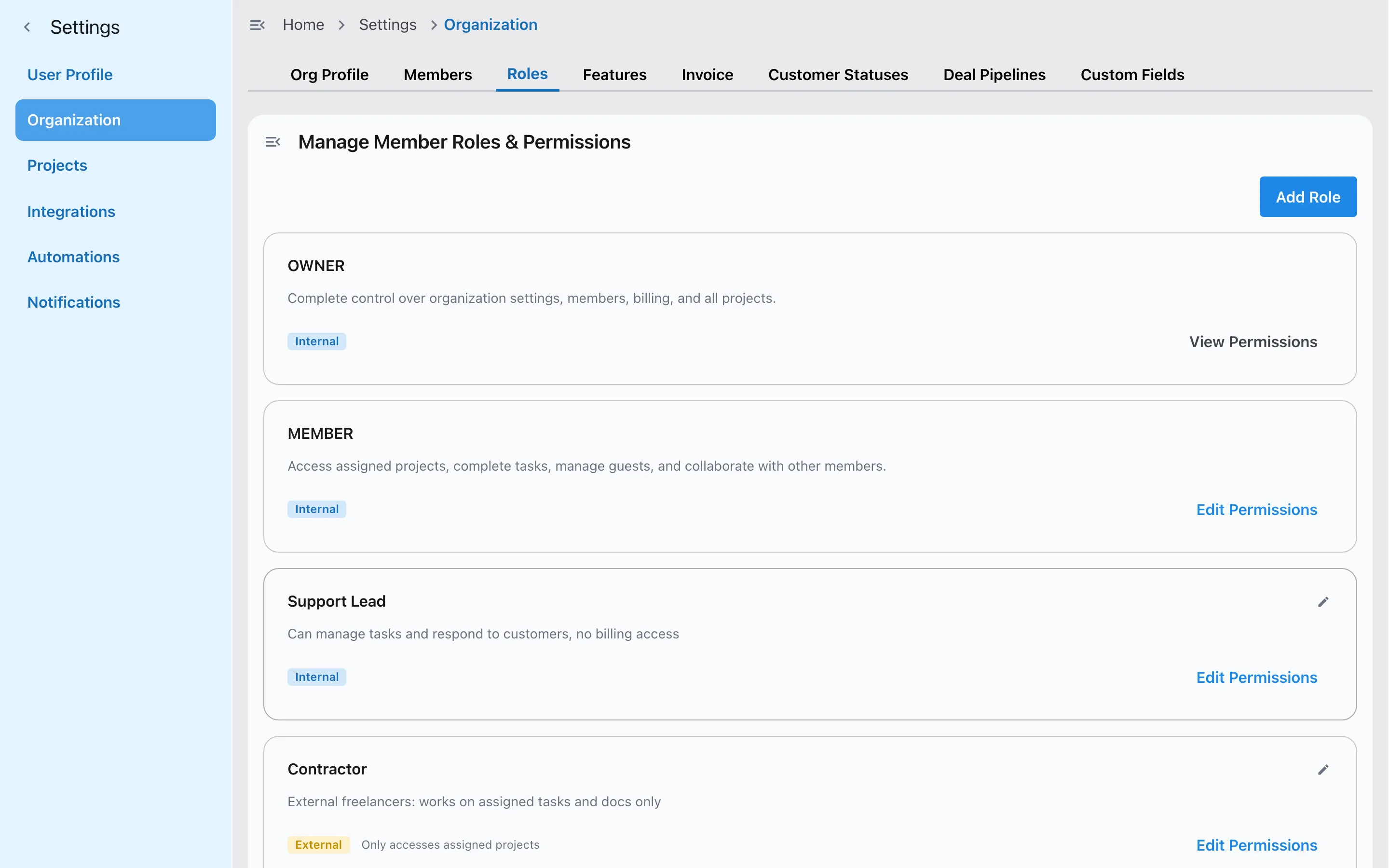 Roles in Slateo: Owner and Member, plus custom roles such as Support Lead (internal) and Contractor (external, only accesses assigned projects).