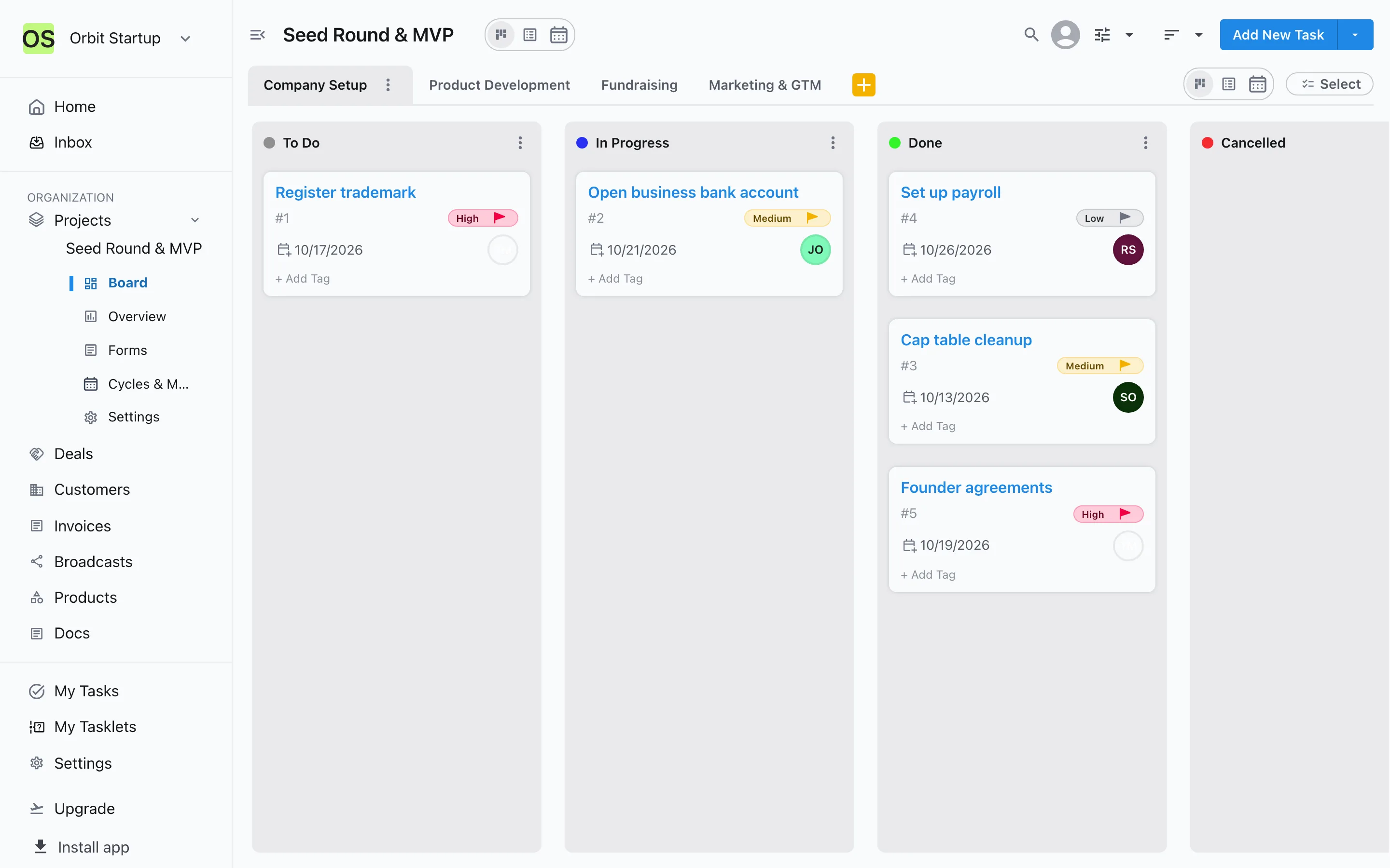 A Slateo board from the Founder / Startup Team template with company setup tasks such as registering a trademark and setting up payroll in To Do, In Progress and Done.