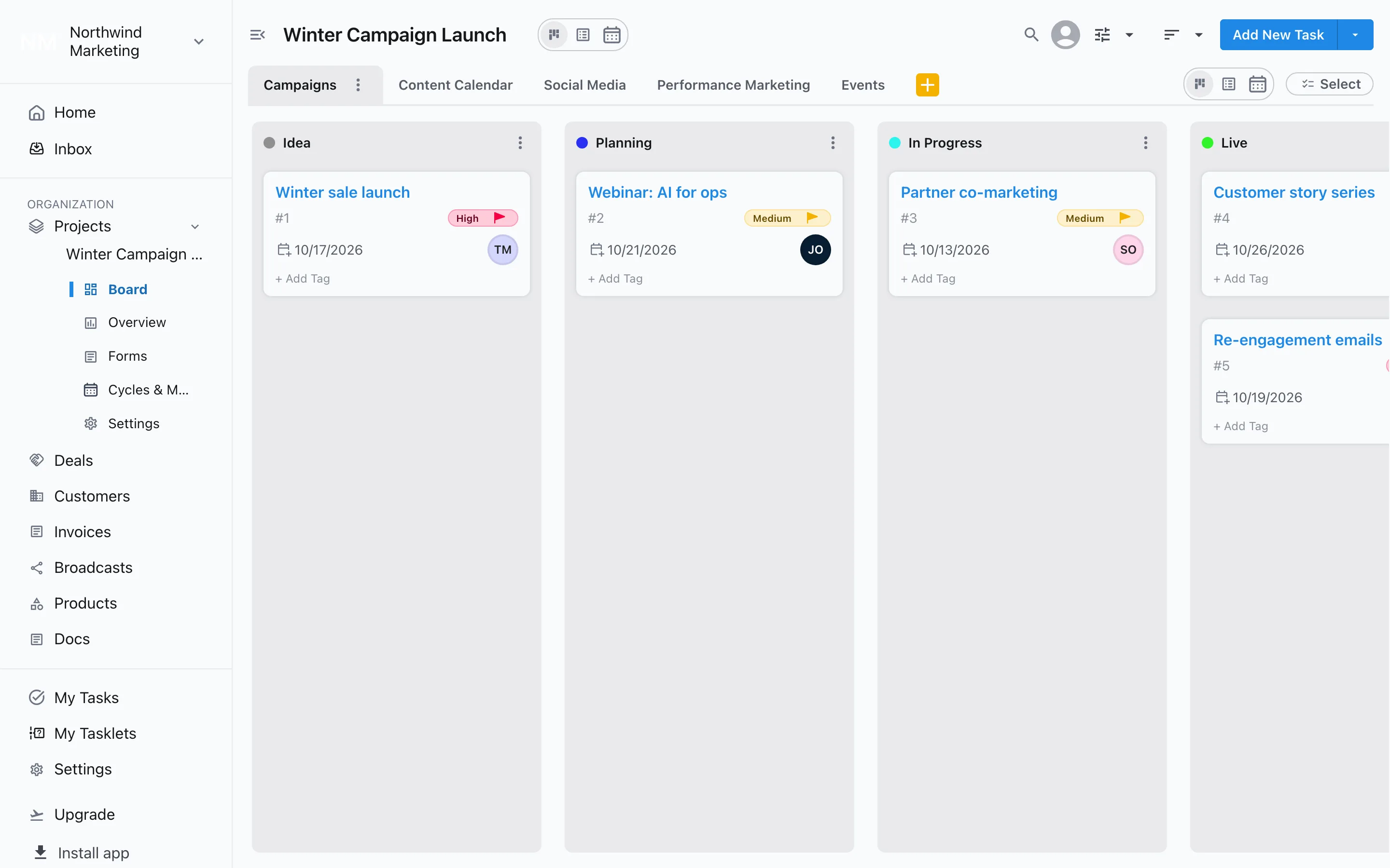 A Slateo board from the Marketing Team template: campaigns moving through Idea, Planning, In Progress and Live, with workstreams for the content calendar, social media, performance marketing and events.