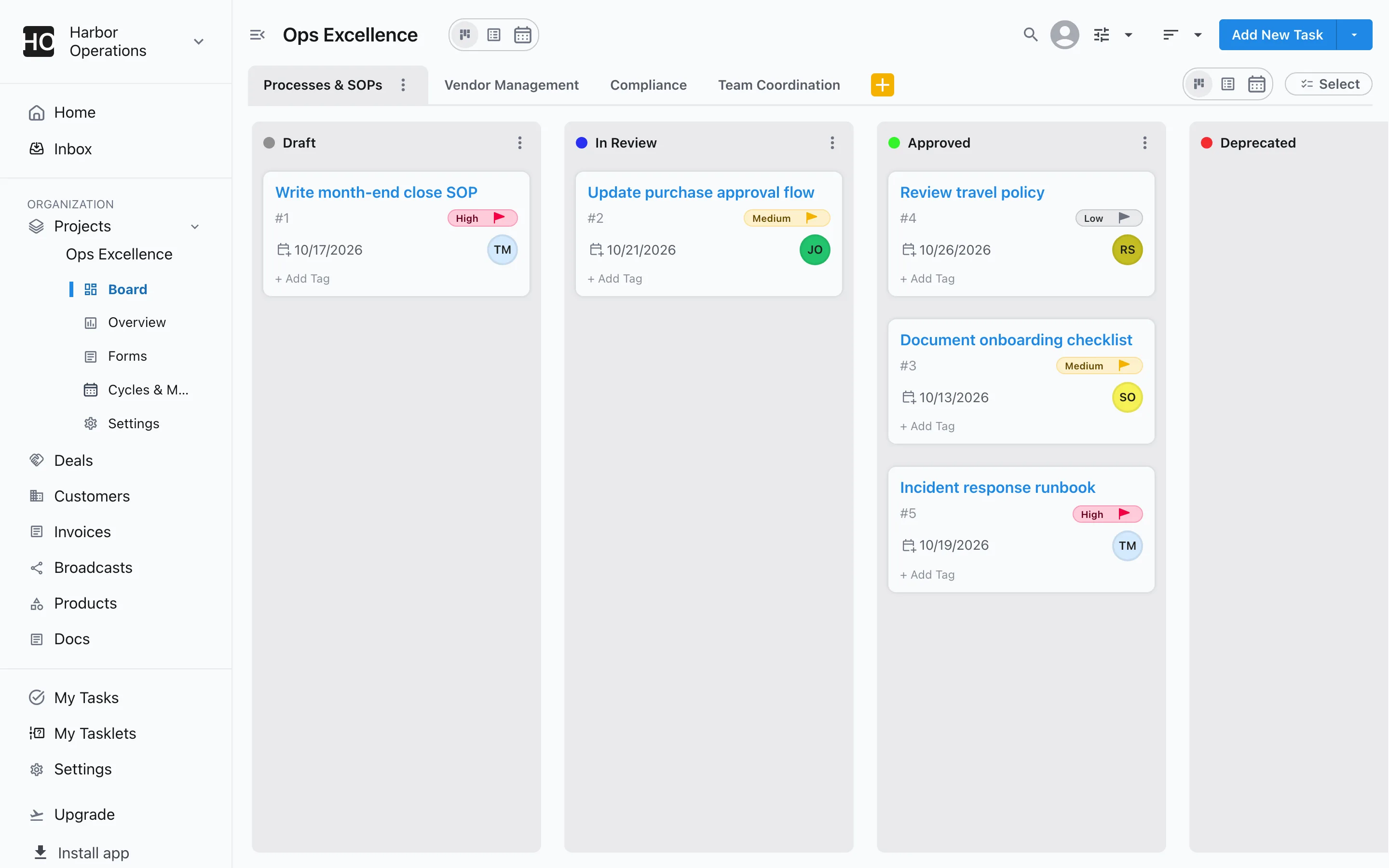A Slateo board from the Operations Team template with SOPs in Draft, In Review, Approved and Deprecated.