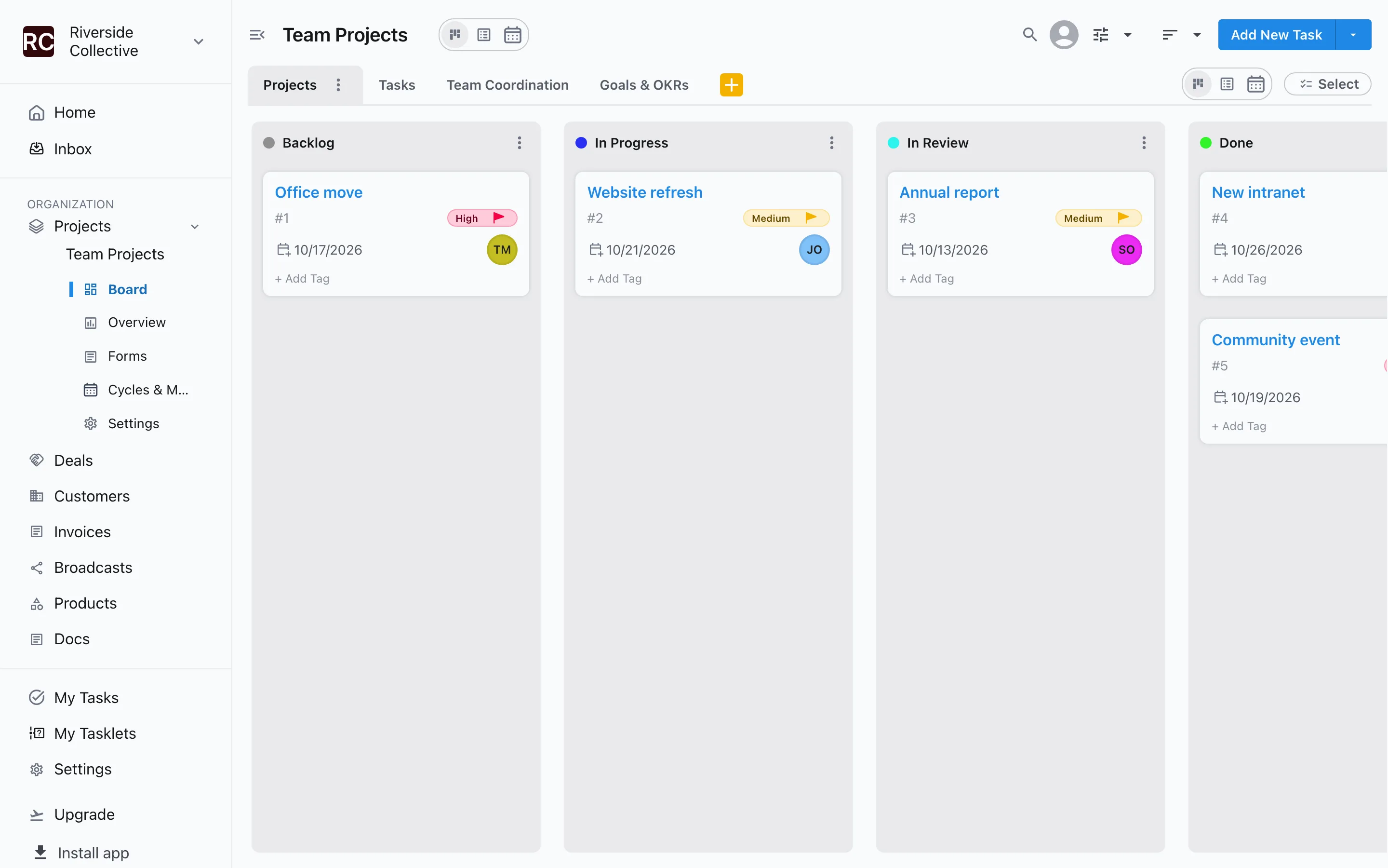 A Slateo board from the Other template with team projects in Backlog, In Progress, In Review and Done.