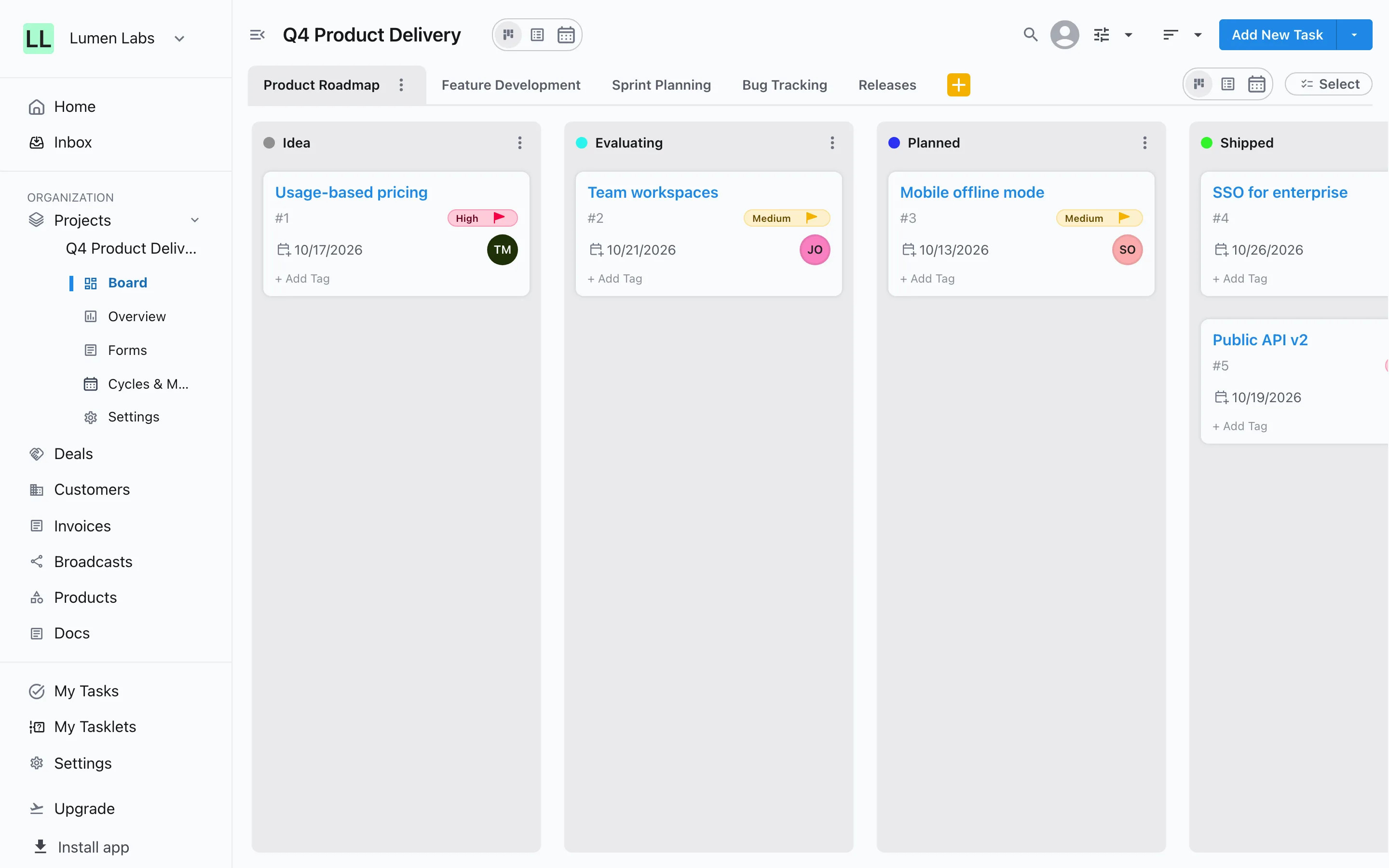 A Slateo board from the Product & Engineering template: roadmap items moving through Idea, Evaluating, Planned and Shipped, with workstreams for feature development, sprints, bugs and releases.