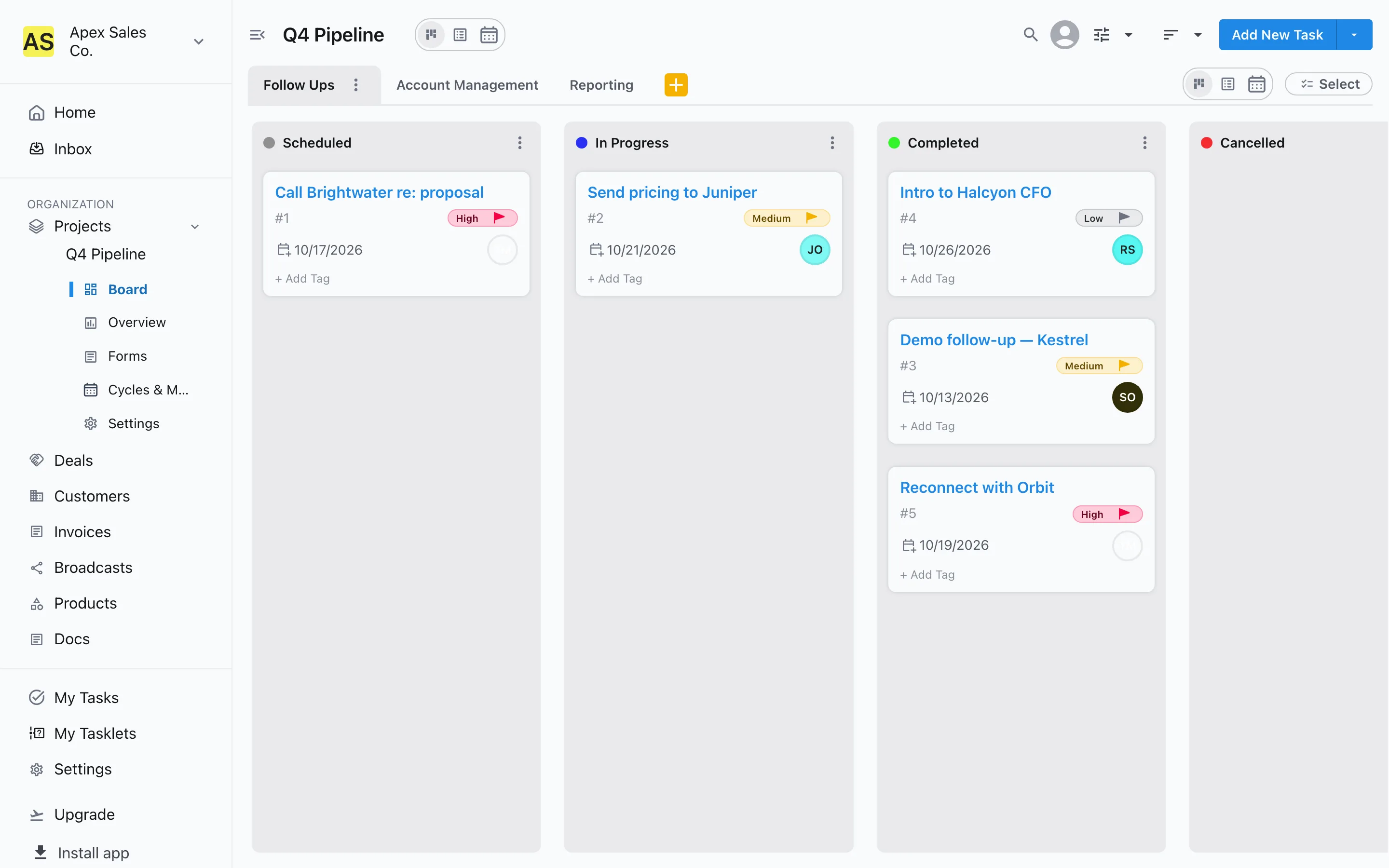 A Slateo board from the Sales Team template with follow-up calls and emails in Scheduled, In Progress and Completed.