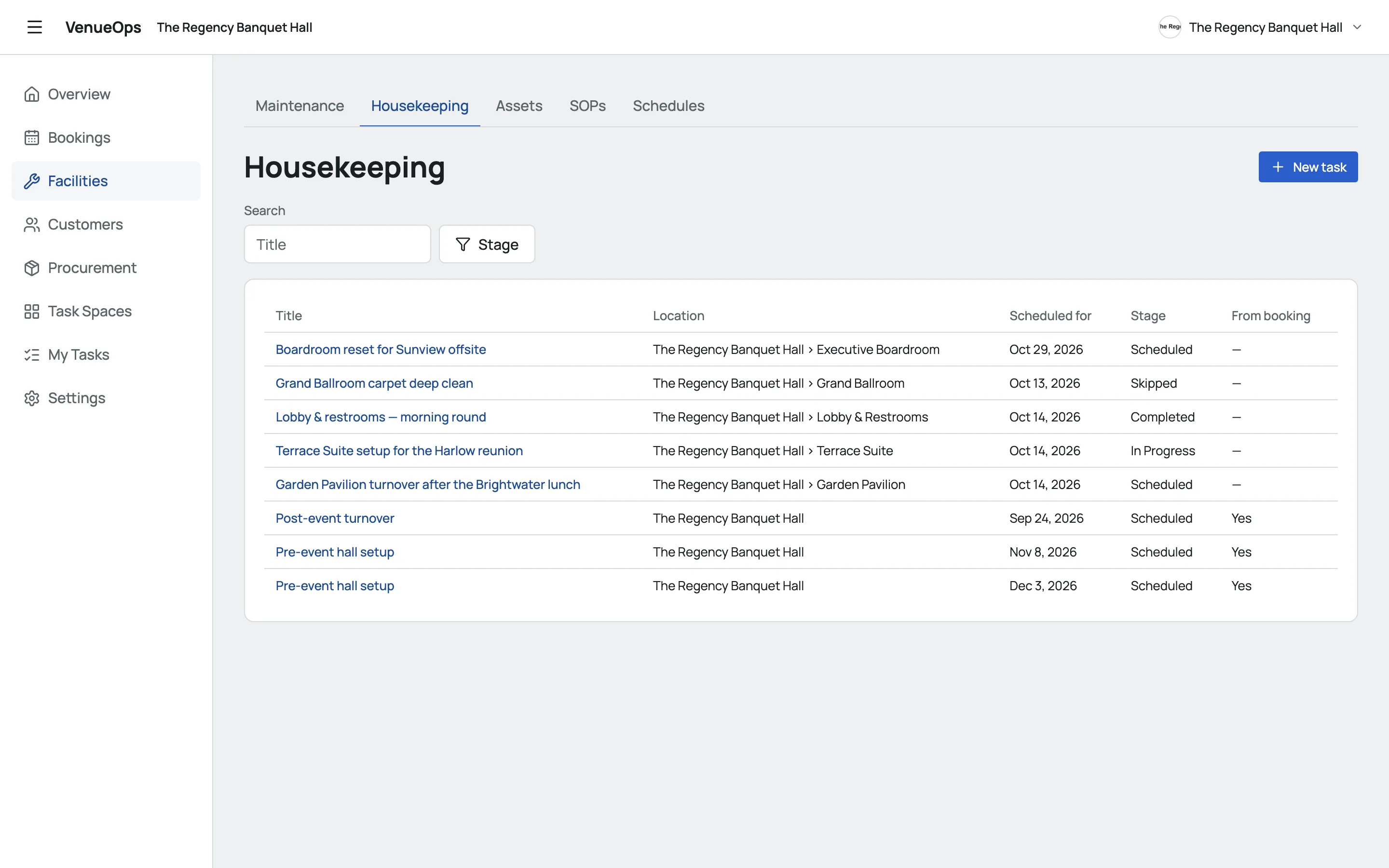 Housekeeping tasks in Slateo VenueOps for different spaces, each with its scheduled date and stage.