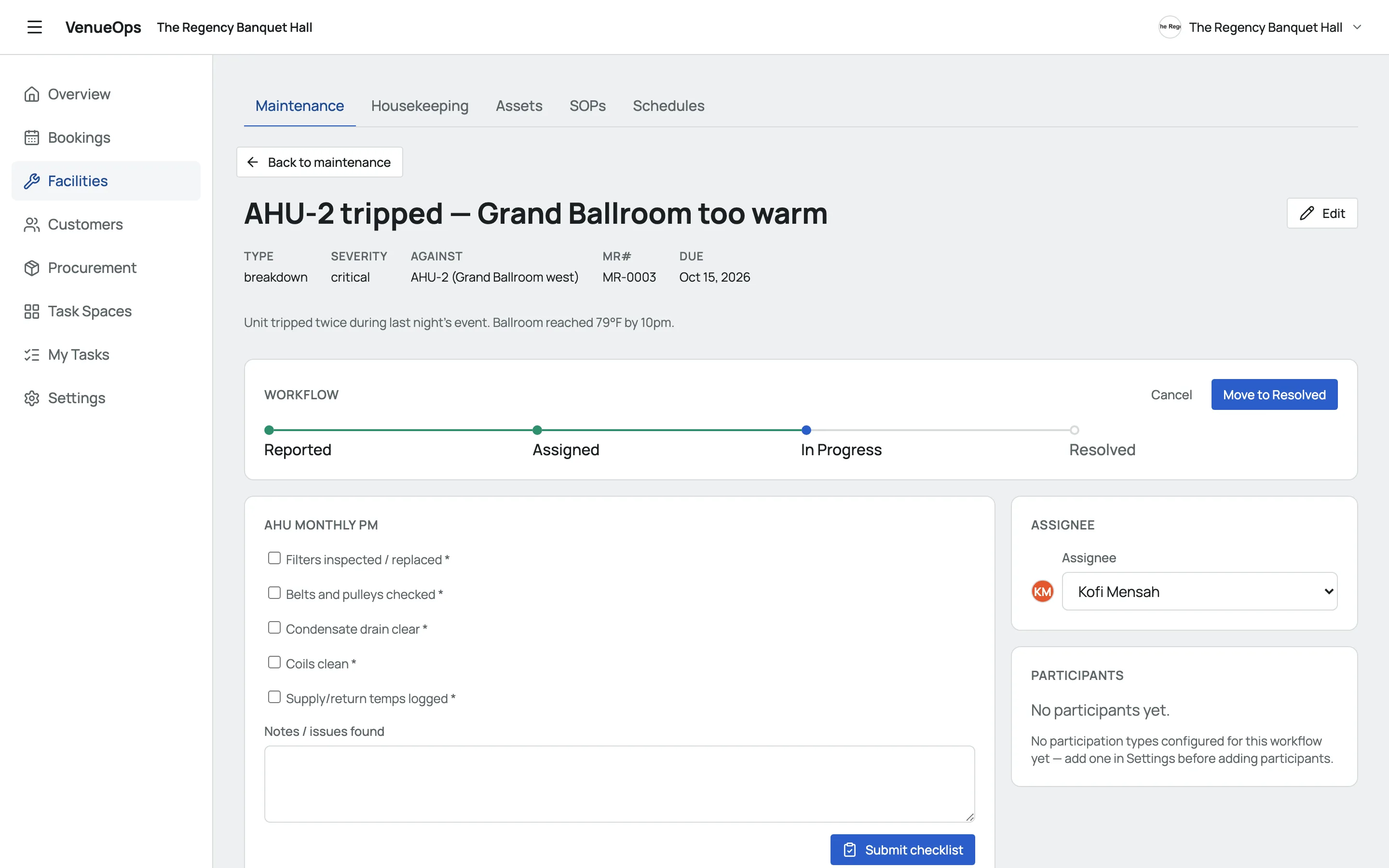 A critical maintenance request in Slateo VenueOps for an air handler that tripped, with its stages, assignee and the monthly maintenance checklist to complete.